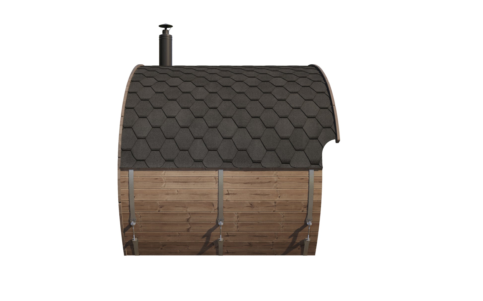 Frodo 240 oval sauna end elevation with stainless steel bands and flue