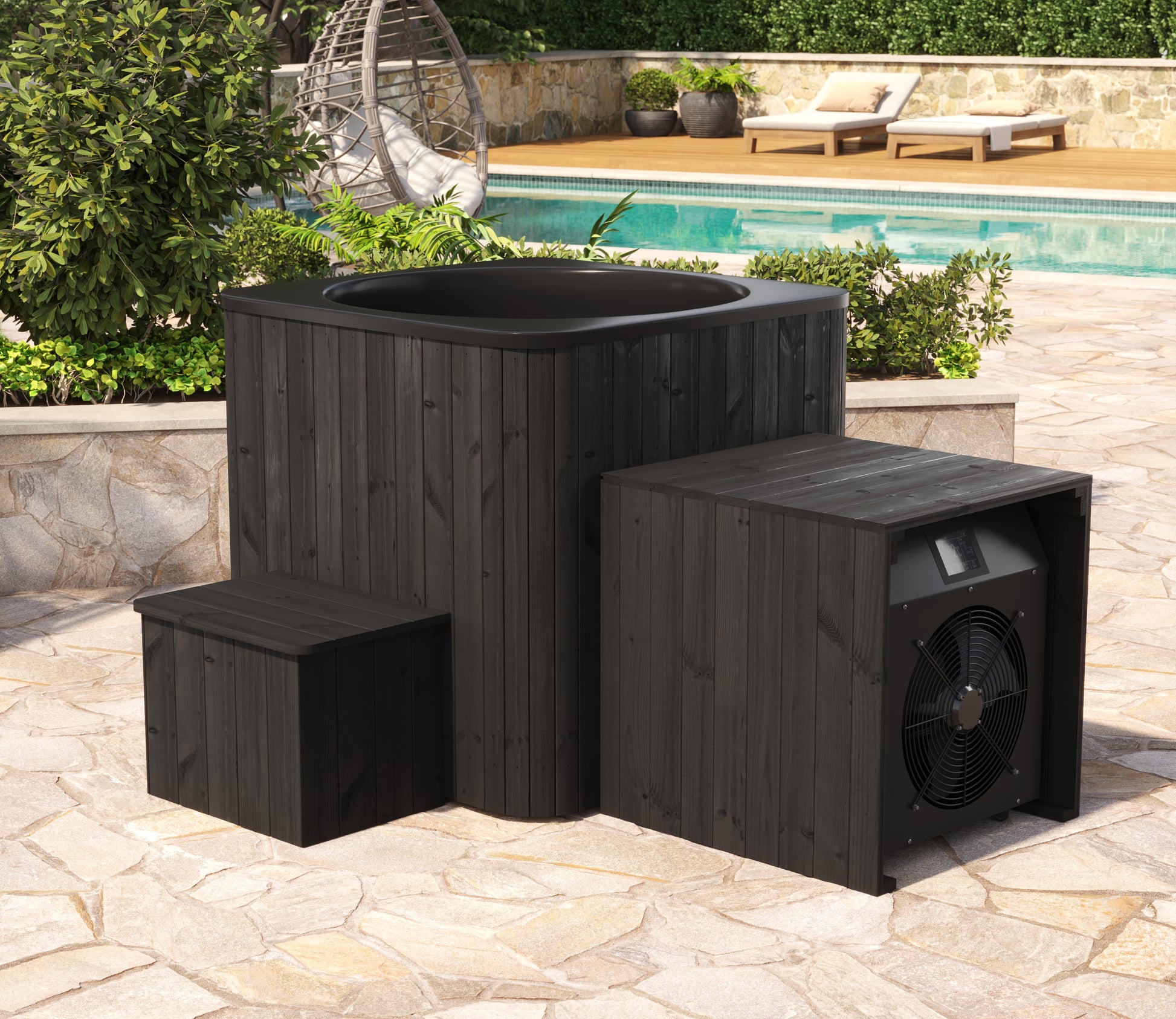 Steam & Oak Halla Cube ice bath with chiller in matching black thermowood housing, beside a pool