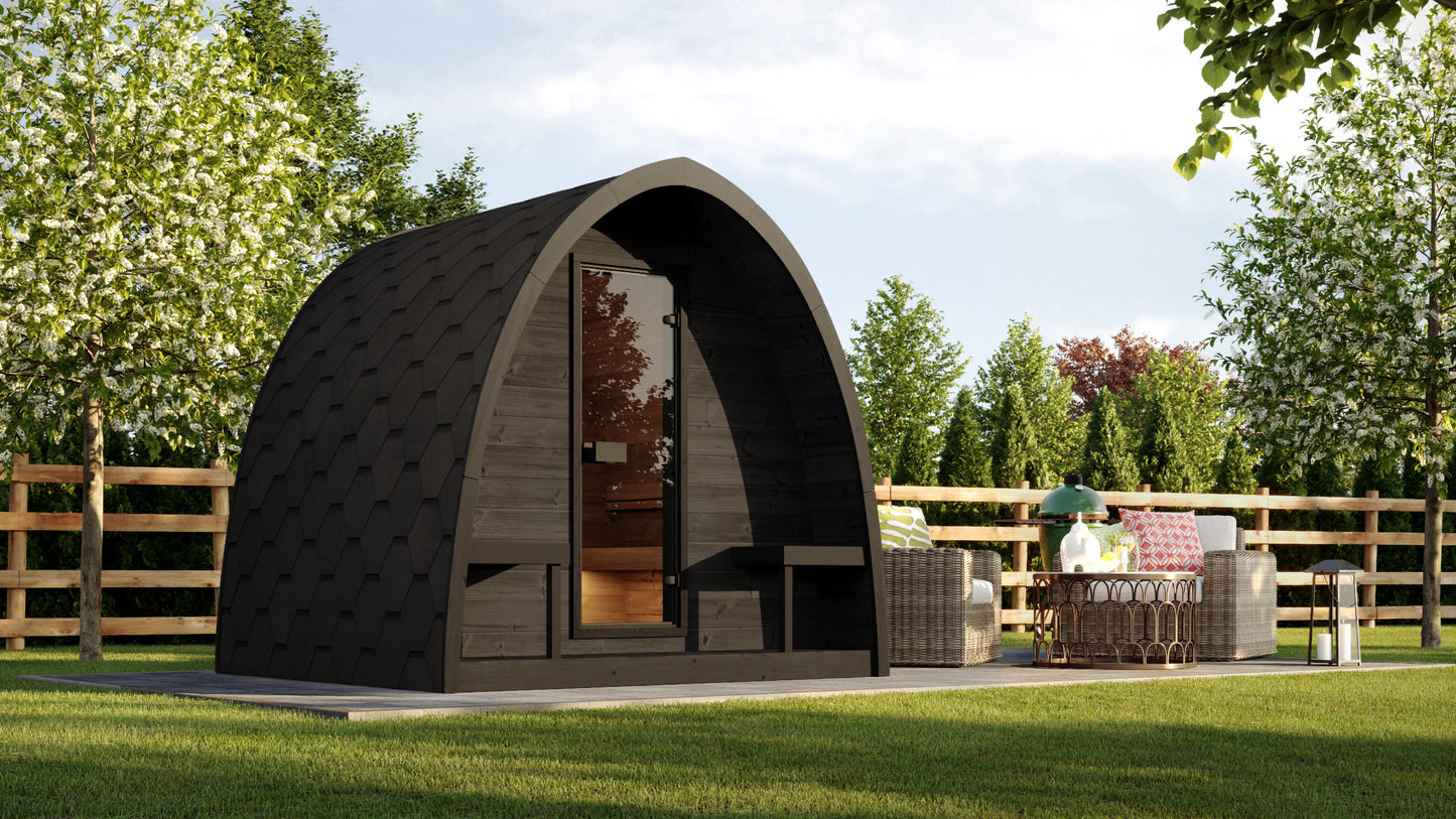 Kelo 220 sauna pod in a garden setting, alternative view