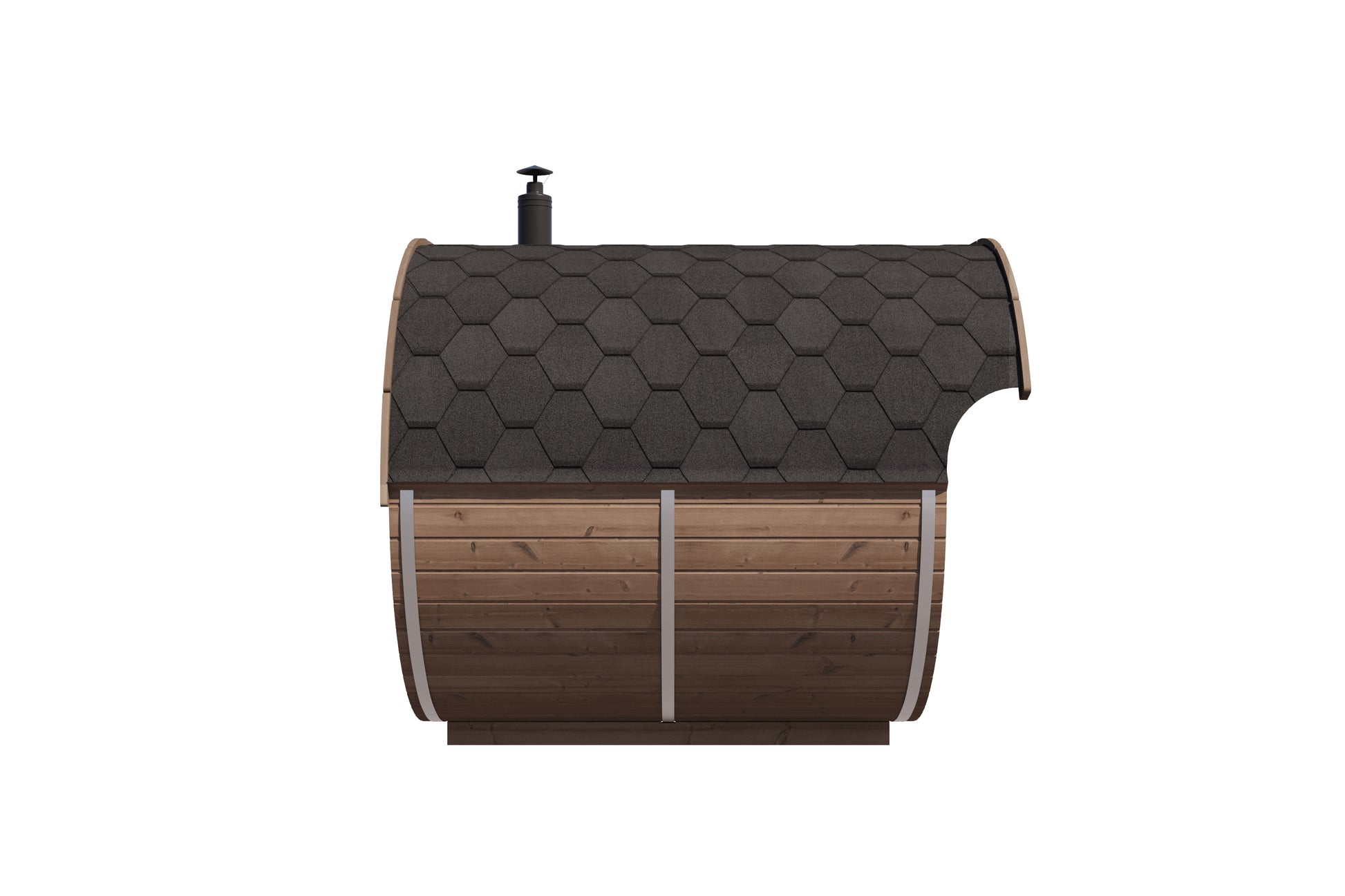 Raiki 240 oval sauna end elevation with stainless steel bands and curved shingle roof