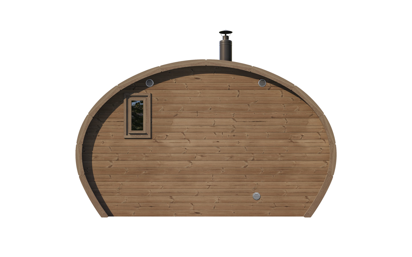 Frodo 240 oval sauna rear elevation showing thermowood cladding and ventilation