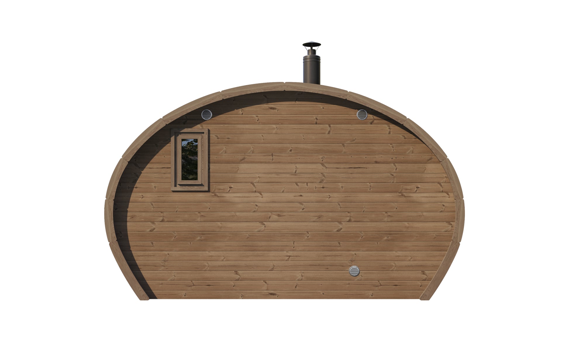 Frodo 240 oval sauna rear elevation showing thermowood cladding and ventilation