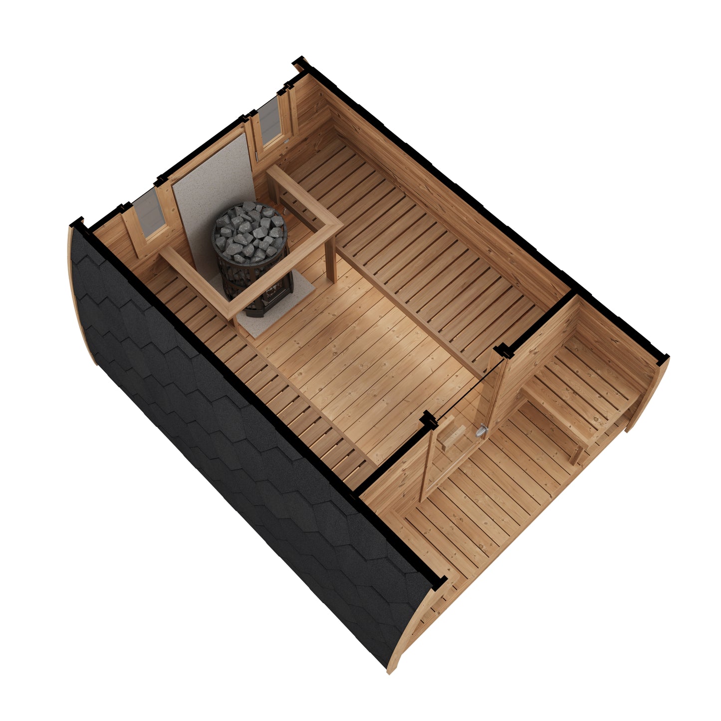 Kelo 300 sauna pod front elevation with bronze glass door