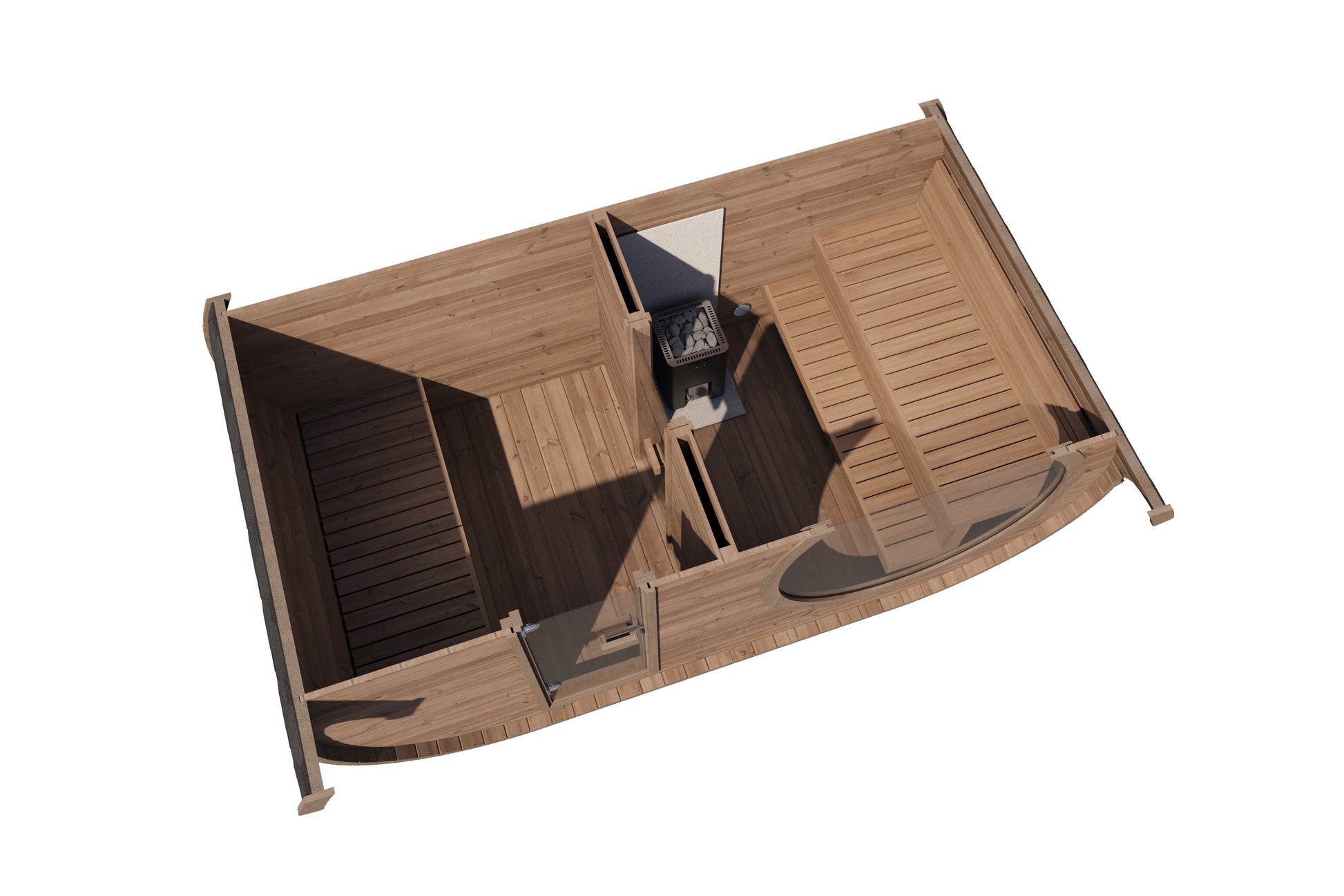 Raiki 240 oval sauna cutaway with the roof removed, showing the two-room layout — tiered benches in the hot room, heater on the dividing wall and the changing room beyond