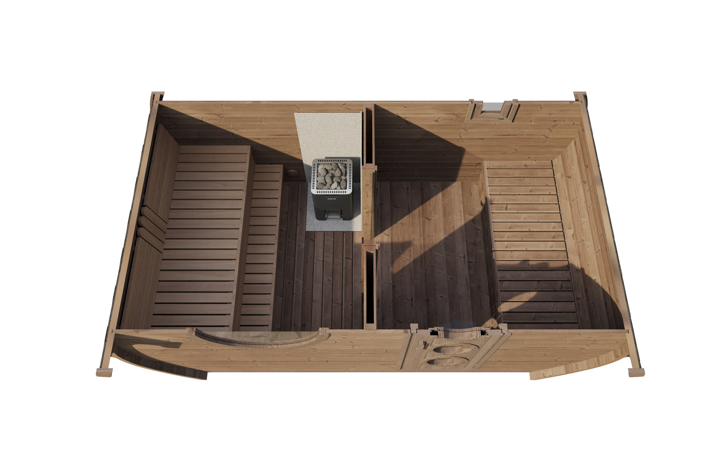 Frodo 240 oval sauna cutaway with the roof removed, showing the two-room layout — tiered benches, heater on the dividing wall and changing room beyond