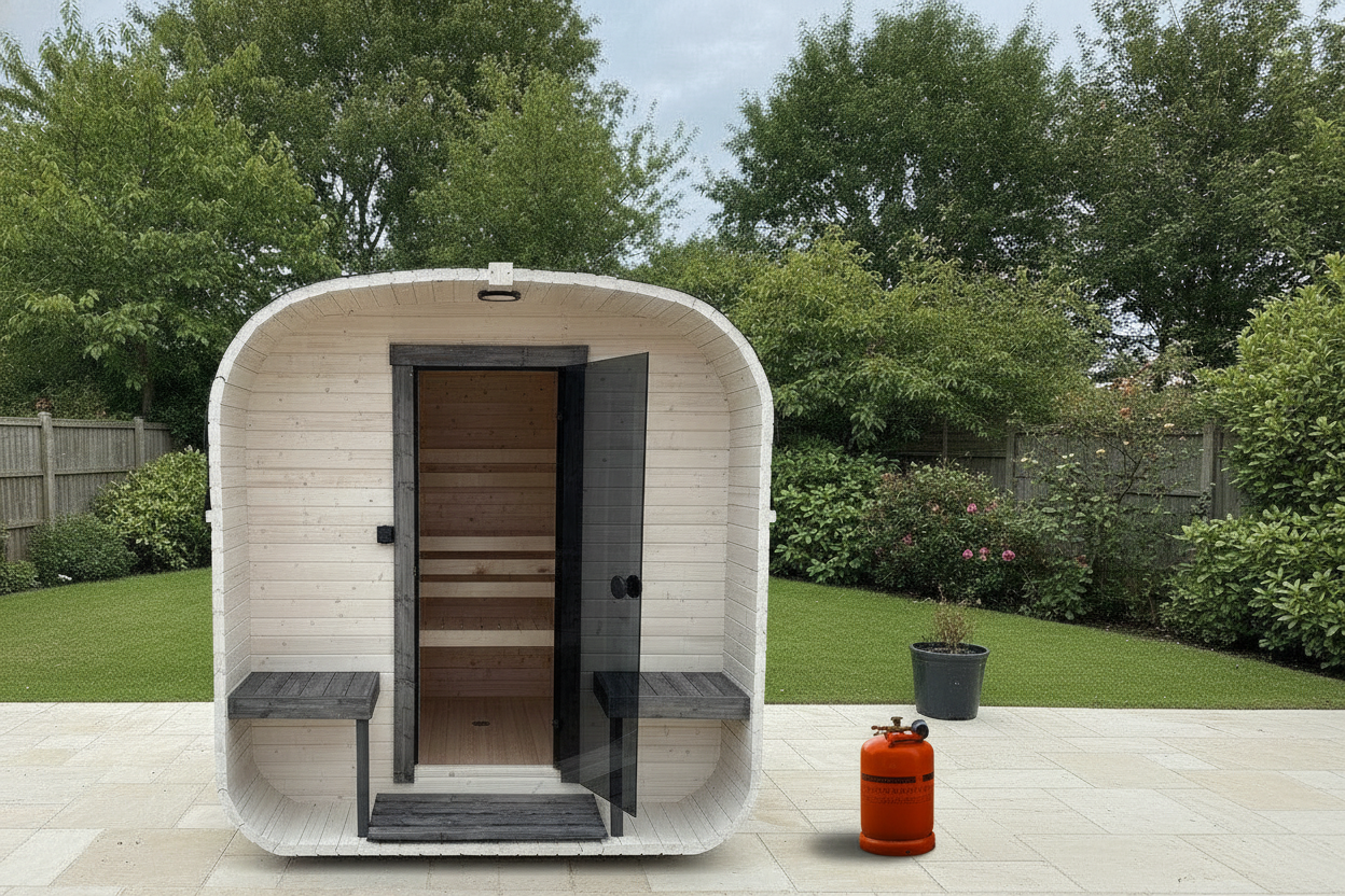 Steam & Oak gas cube sauna 2.4m with porch and propane gas bottle in a UK garden
