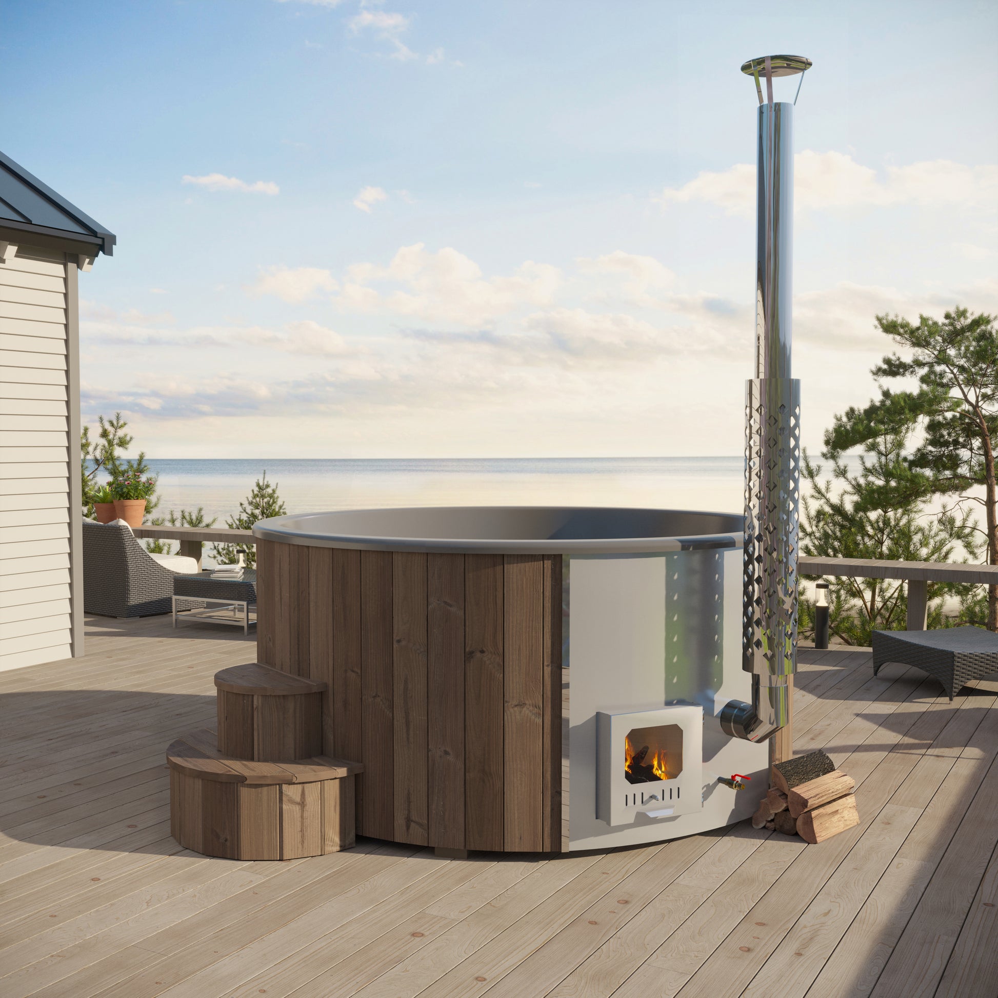 Hehku 1150 wood-fired hot tub in natural timber