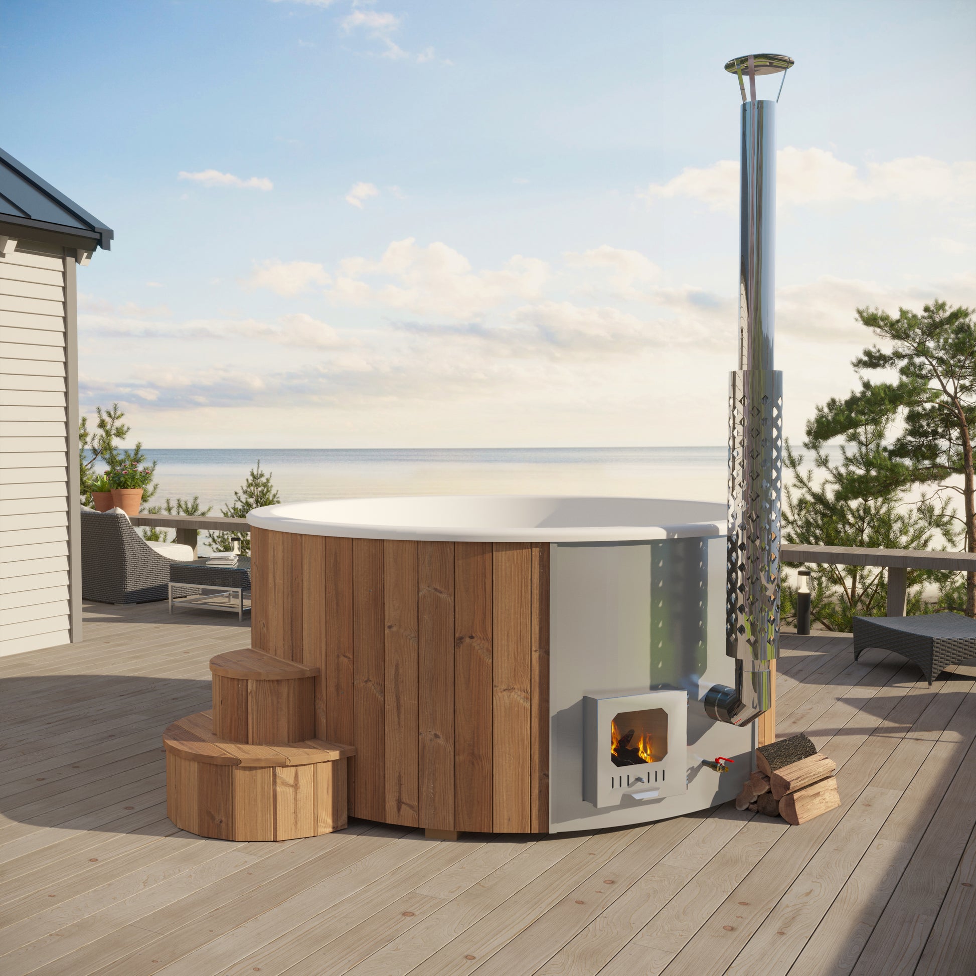 Steam & Oak Hehku 1150 round wood-fired hot tub in thermowood with integrated stove