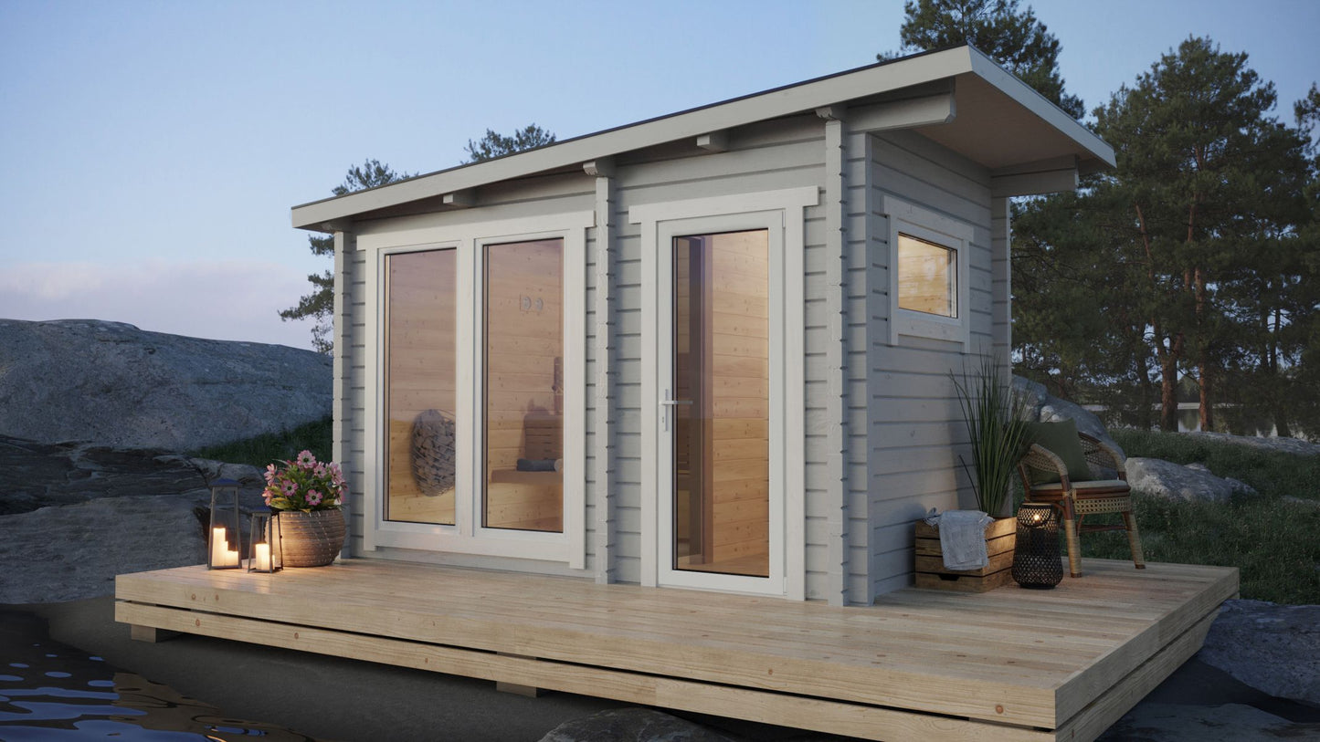 Honka 345 sauna cabin showing the partitioned layout