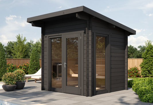 Steam & Oak Honka 210 Panorama sauna cabin in grey, with full-height corner glazing beside a pool