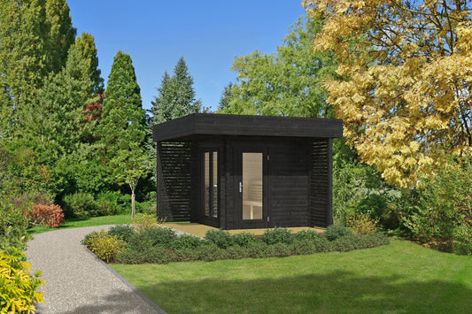 Steam & Oak Honka 200 sauna cabin in black-stained 70 mm log, with covered porch and glass door
