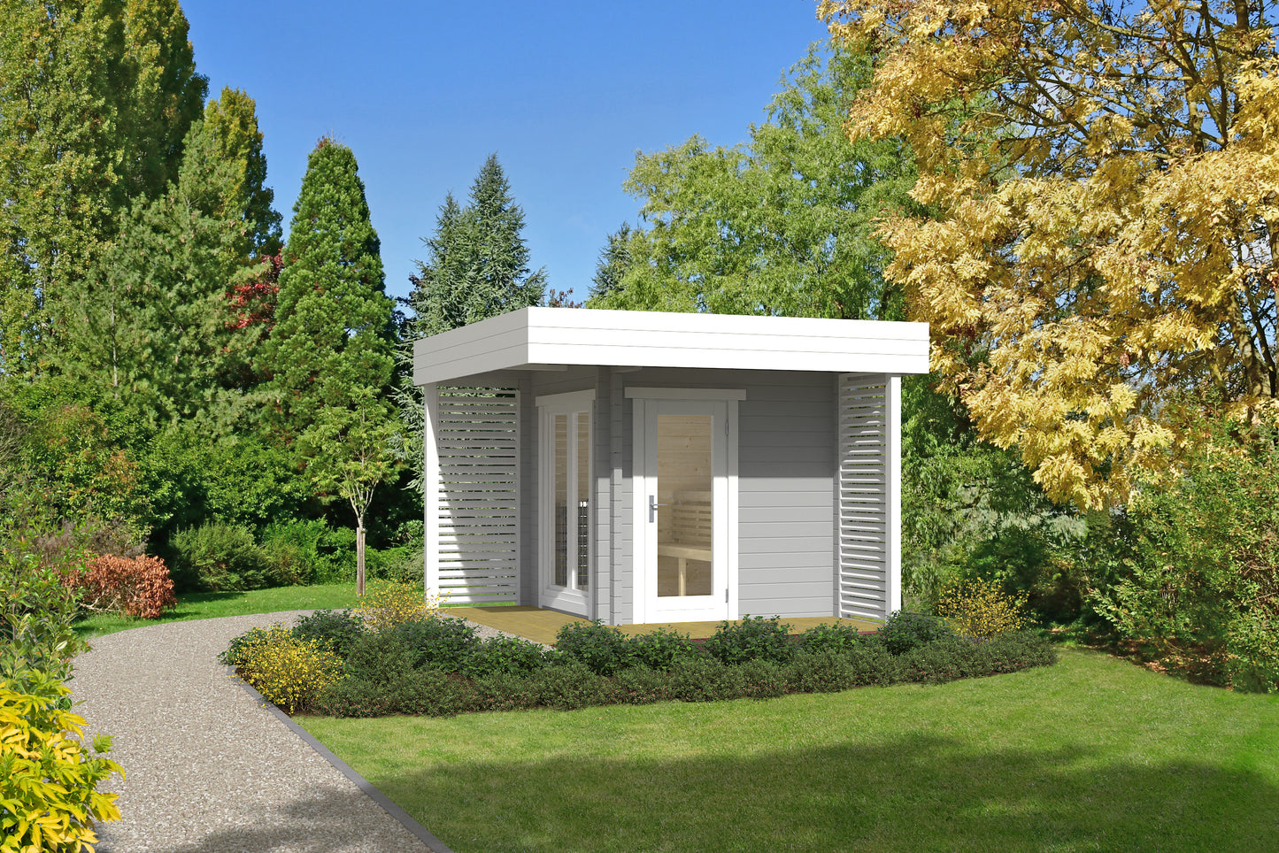 Honka 200 sauna cabin in grey finish, showing the covered porch and slatted privacy screens