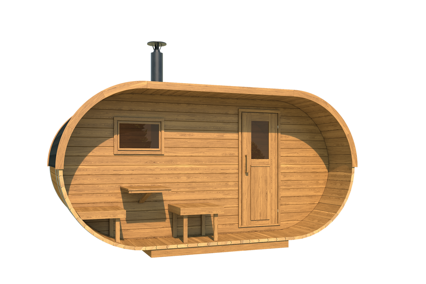 Oval 240 sauna elevation showing the oval shell, square window and terrace opening