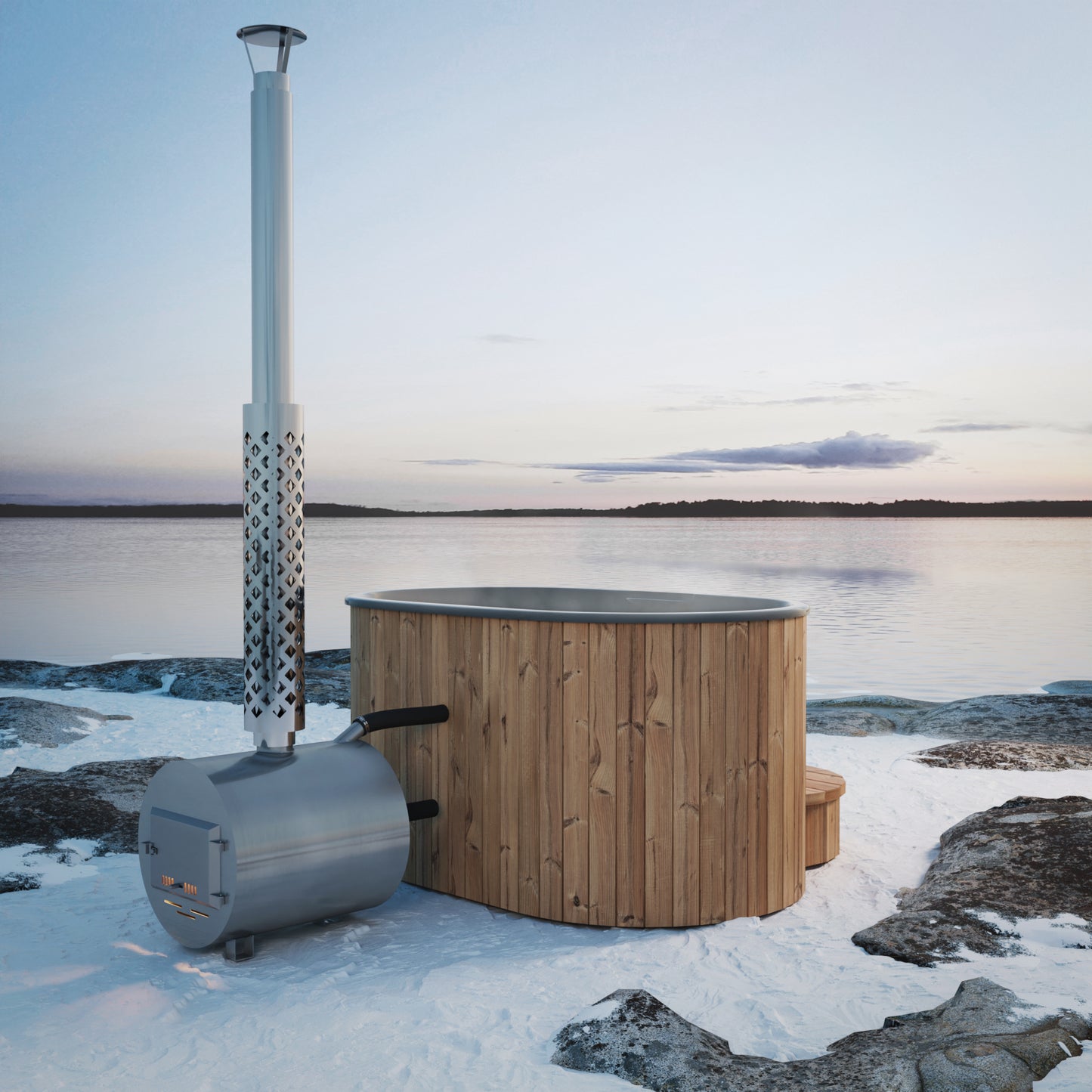 Steam & Oak Hehku 800 oval wood-fired hot tub with external stove