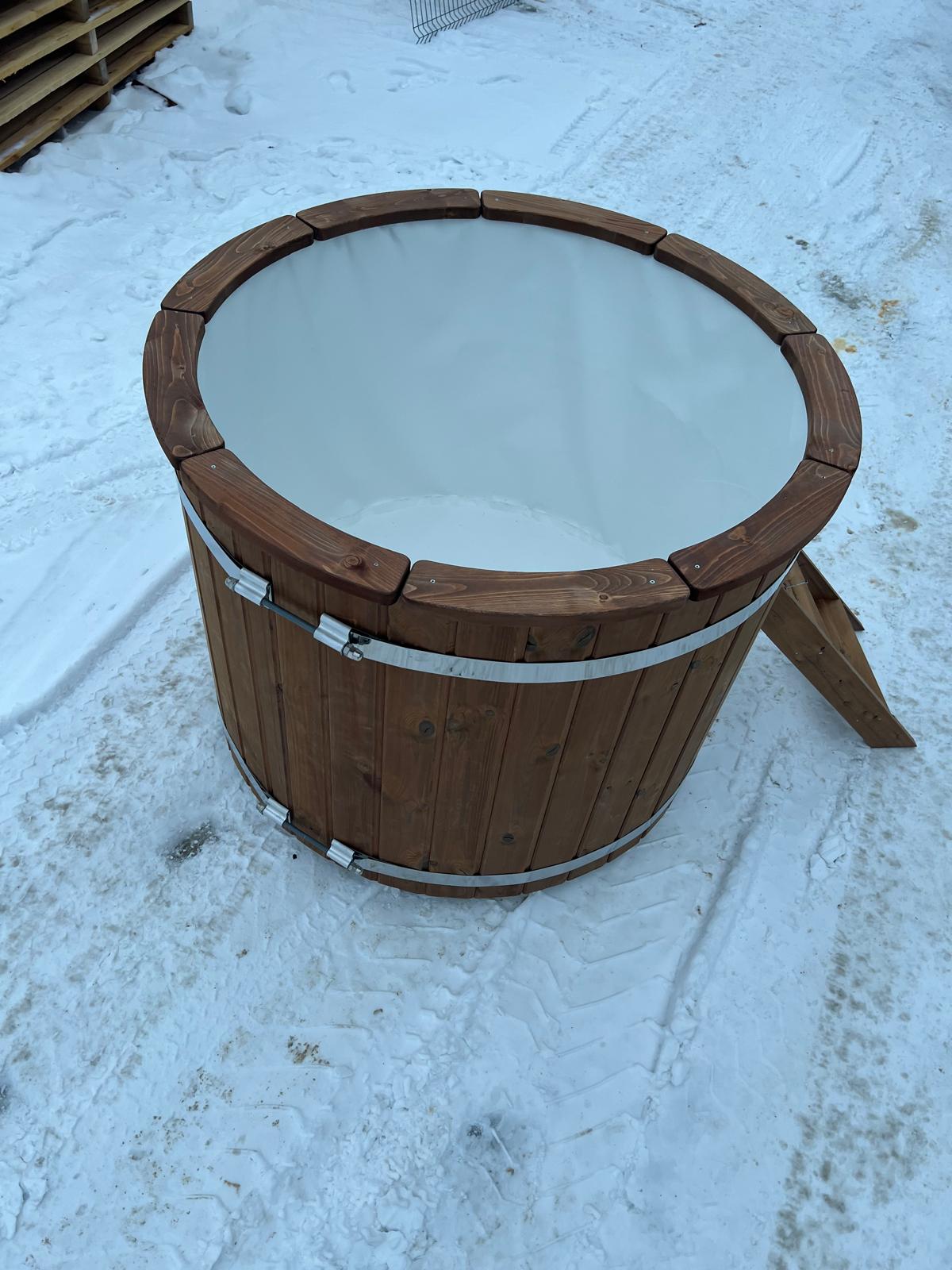 Halla 120 barrel cold plunge tub during installation