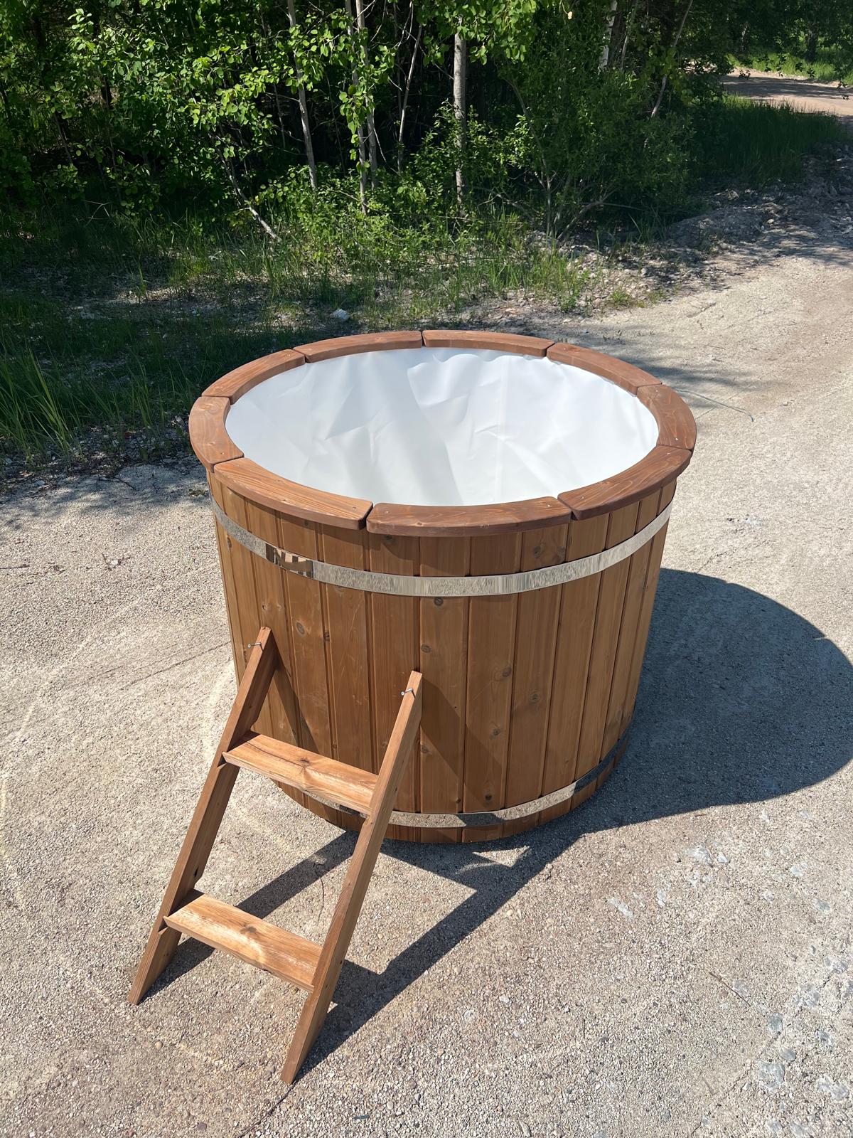 Halla 120 barrel cold plunge tub, installed detail