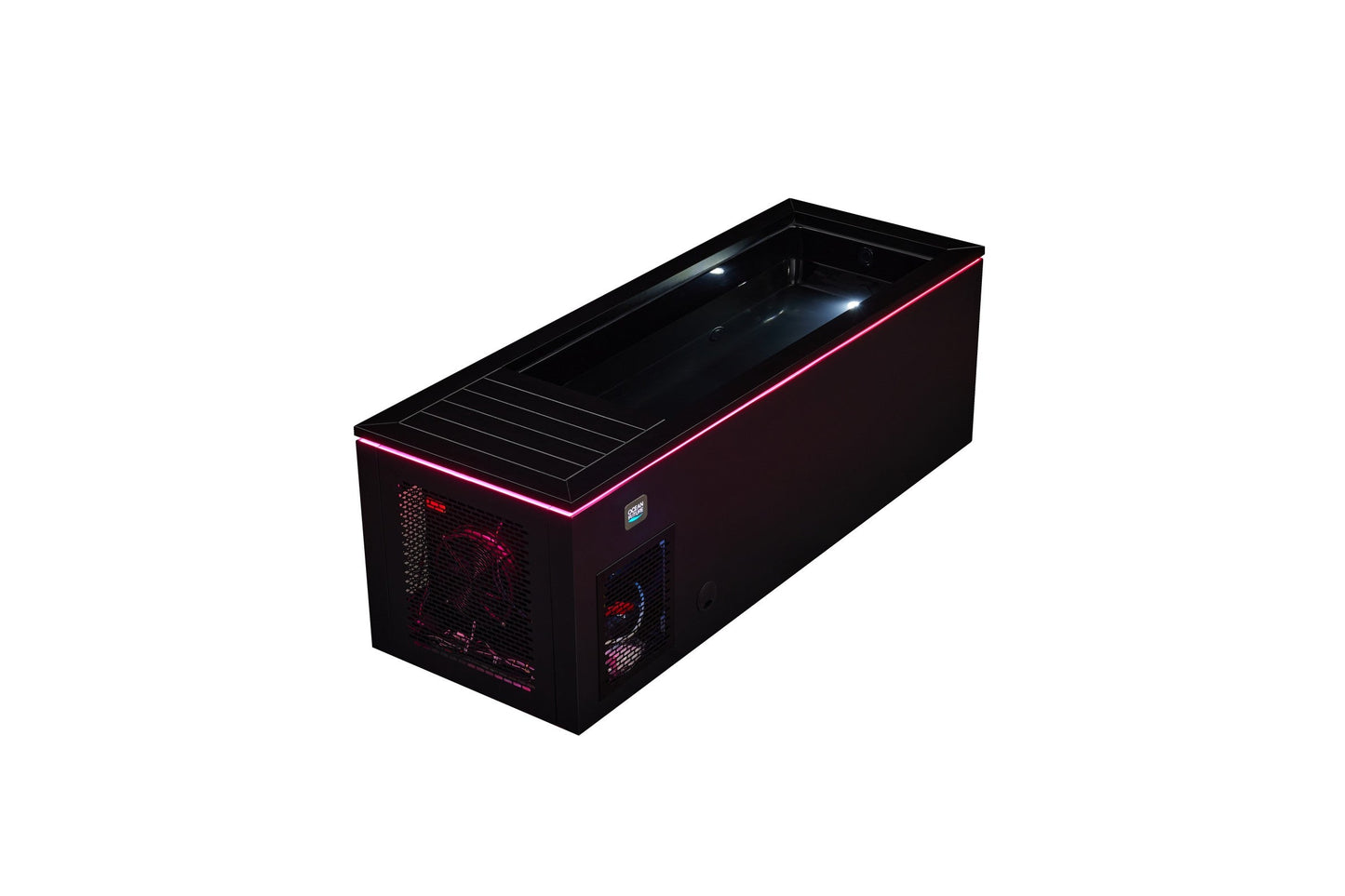 Single-person outdoor ice bath with a black cabinet and an illuminated pink edge light, shown from the front with the lid partly open