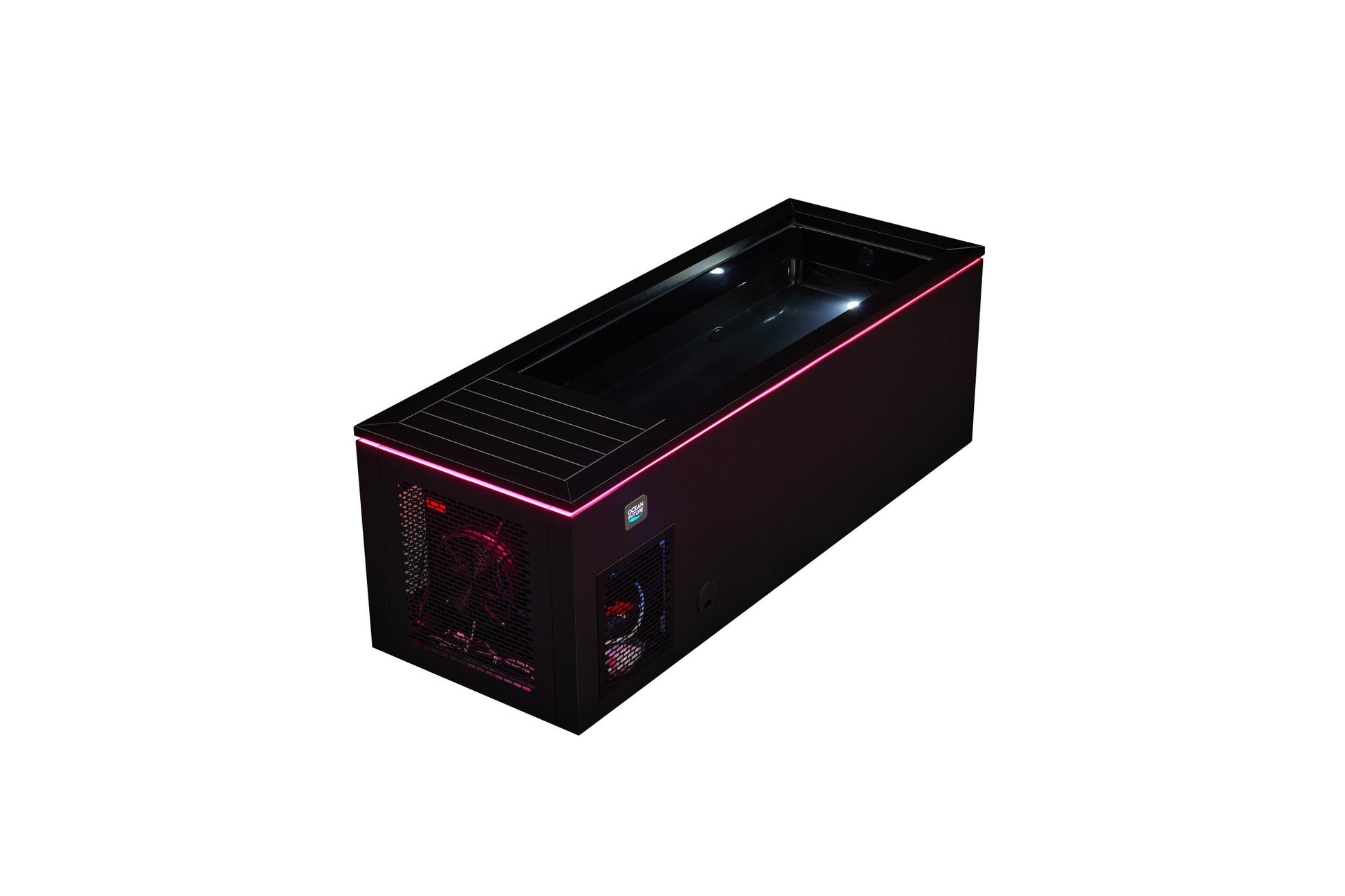 Single-person outdoor ice bath with a black cabinet and an illuminated pink edge light, shown from the front with the lid partly open