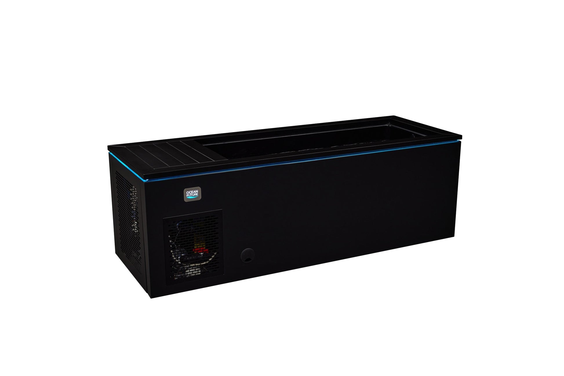 Angled view of the black outdoor ice bath showing the ventilation grilles and the moulded interior