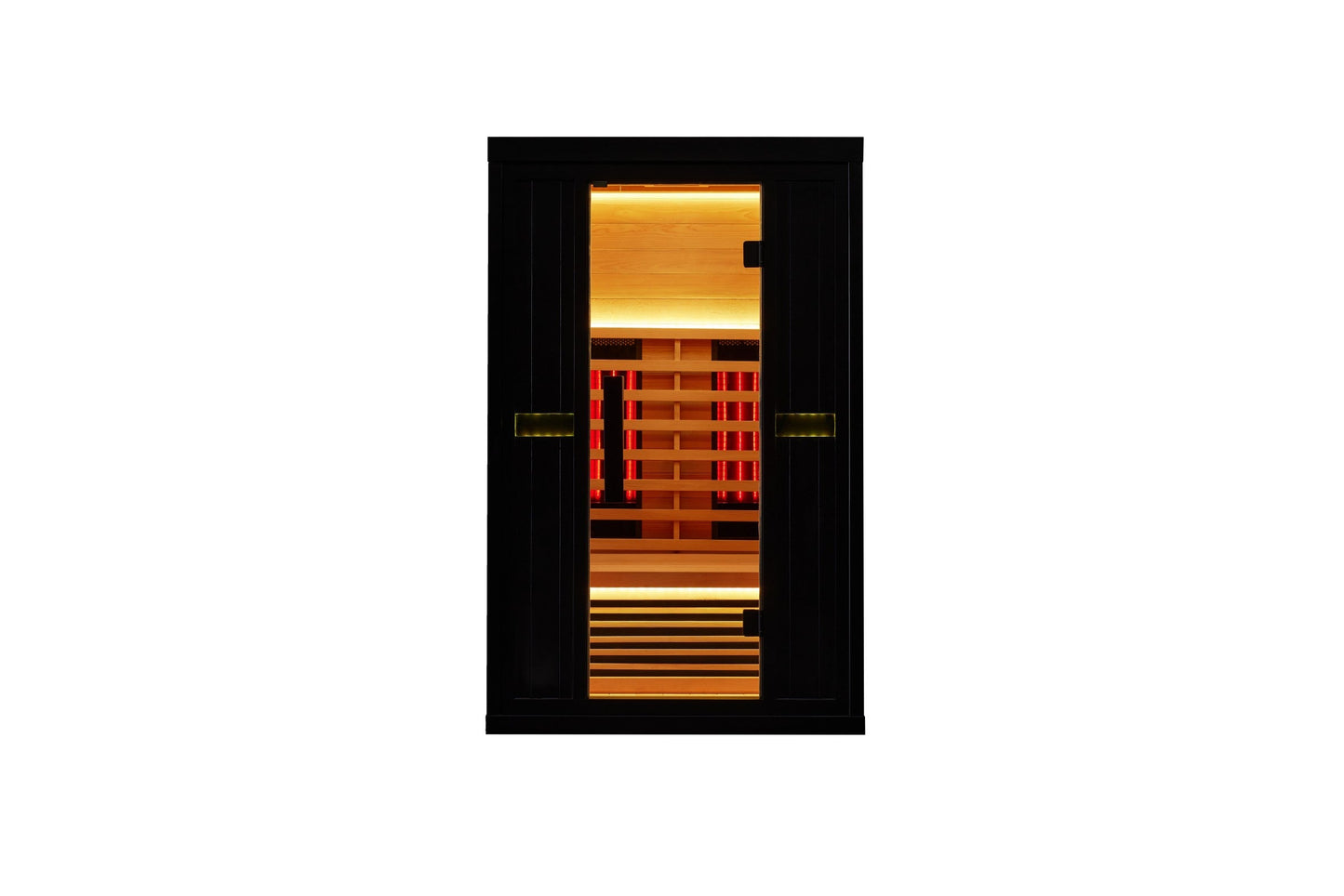 Two-person infrared sauna cabin with a black frame and full-height glass door, showing the red infrared emitter panels inside