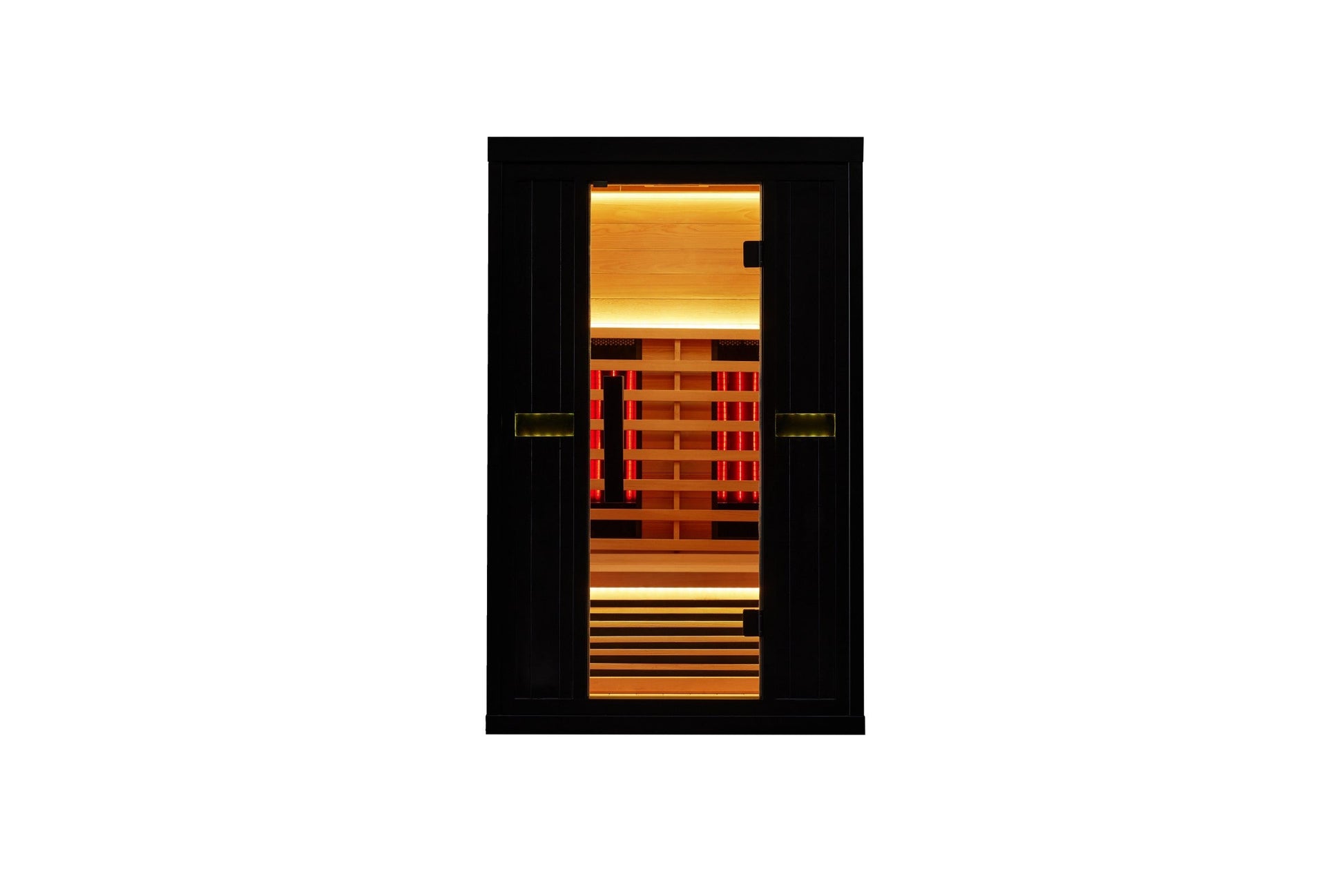 Two-person infrared sauna cabin with a black frame and full-height glass door, showing the red infrared emitter panels inside