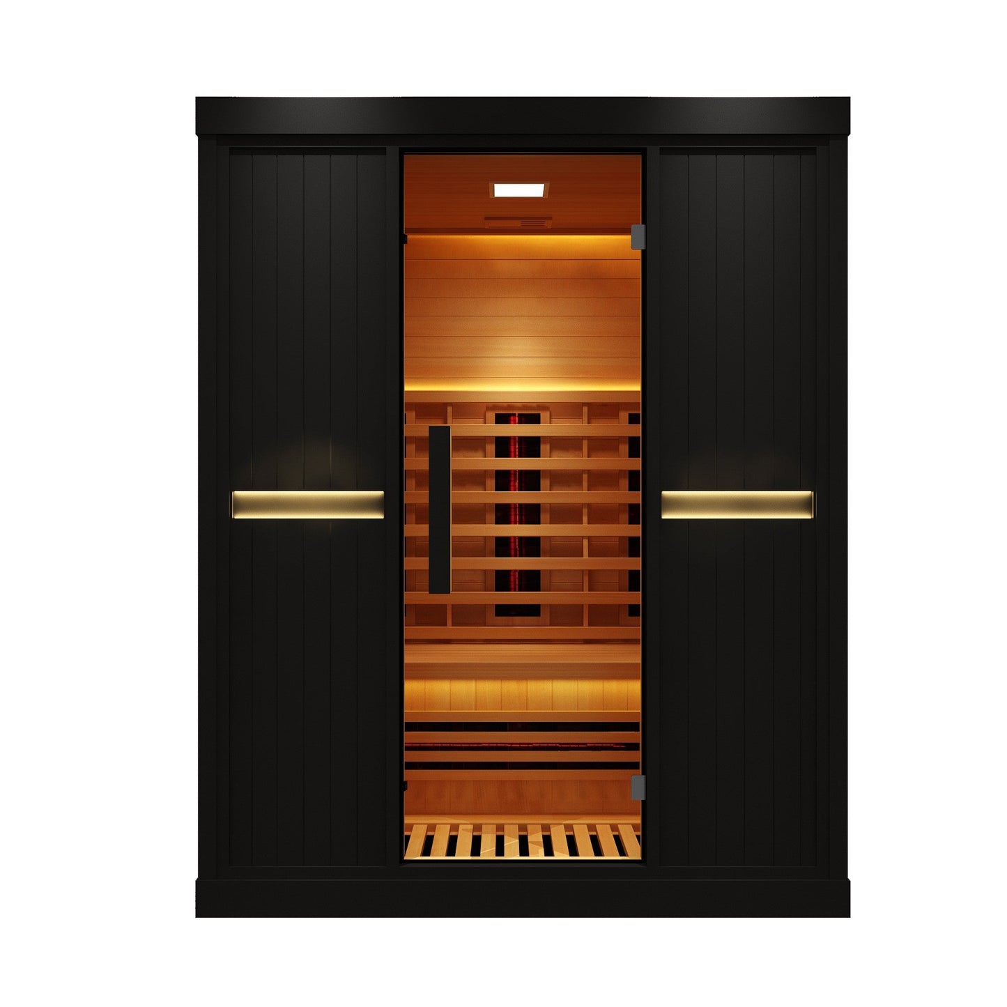 Four-person infrared sauna cabin shown front-on with the glass door closed