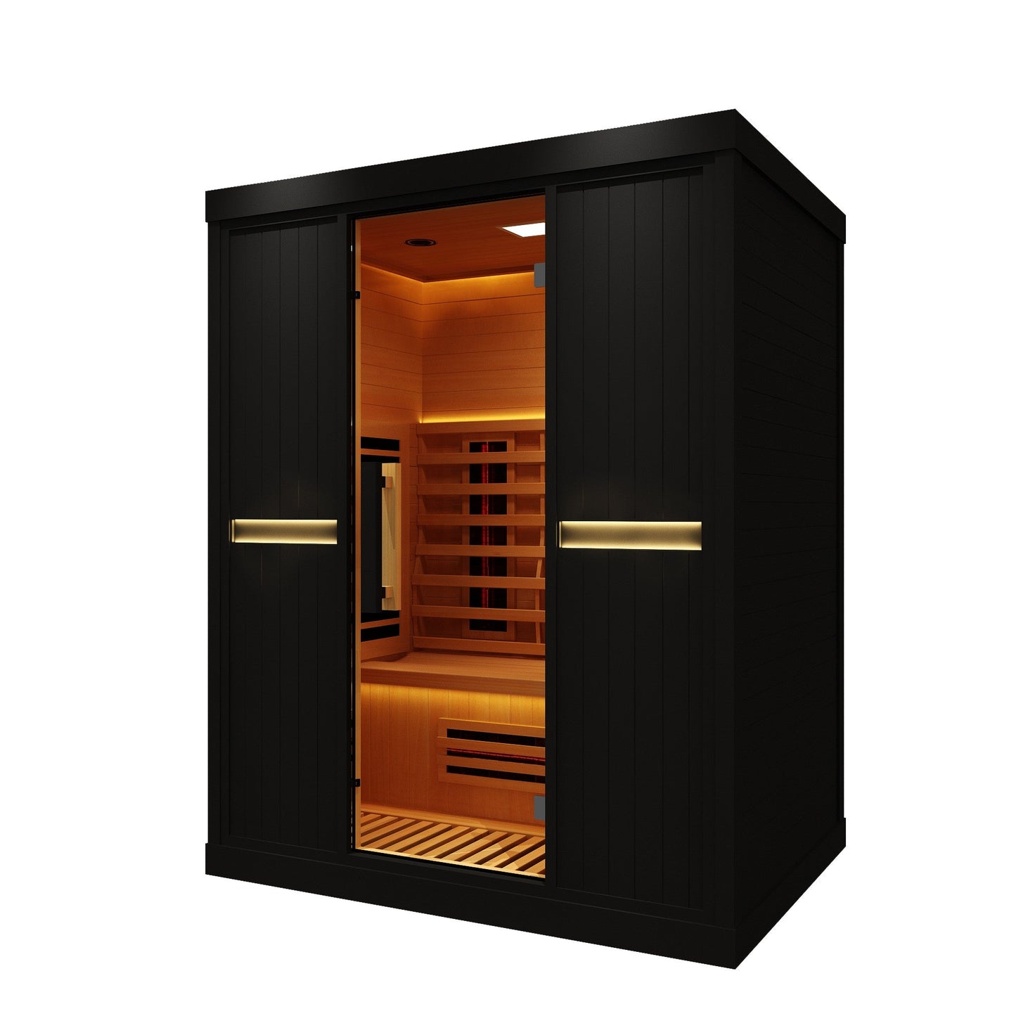 Four-person infrared sauna seen from the side, showing the bench layout through the glass
