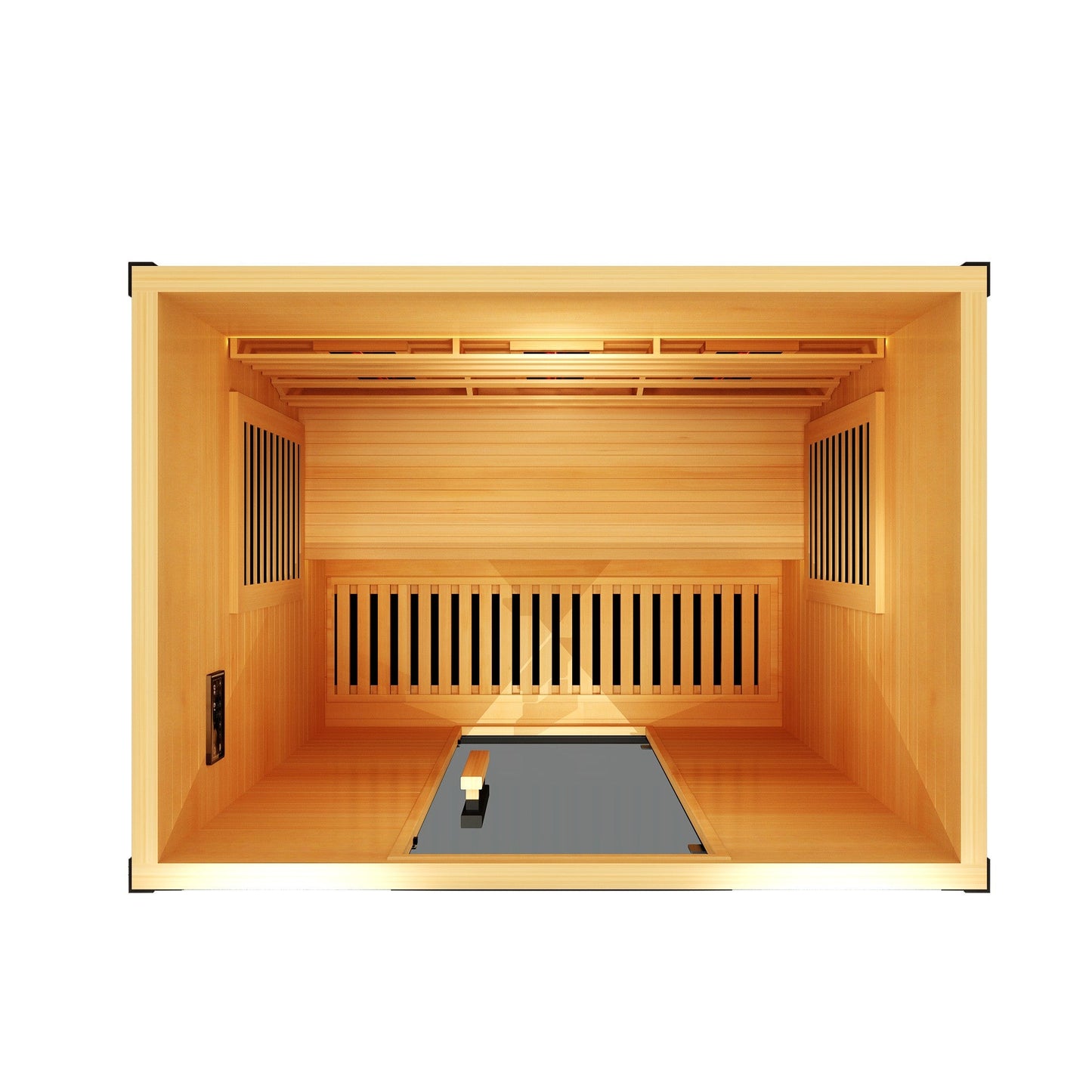 Interior of the four-person infrared sauna with the bench and backrest in view