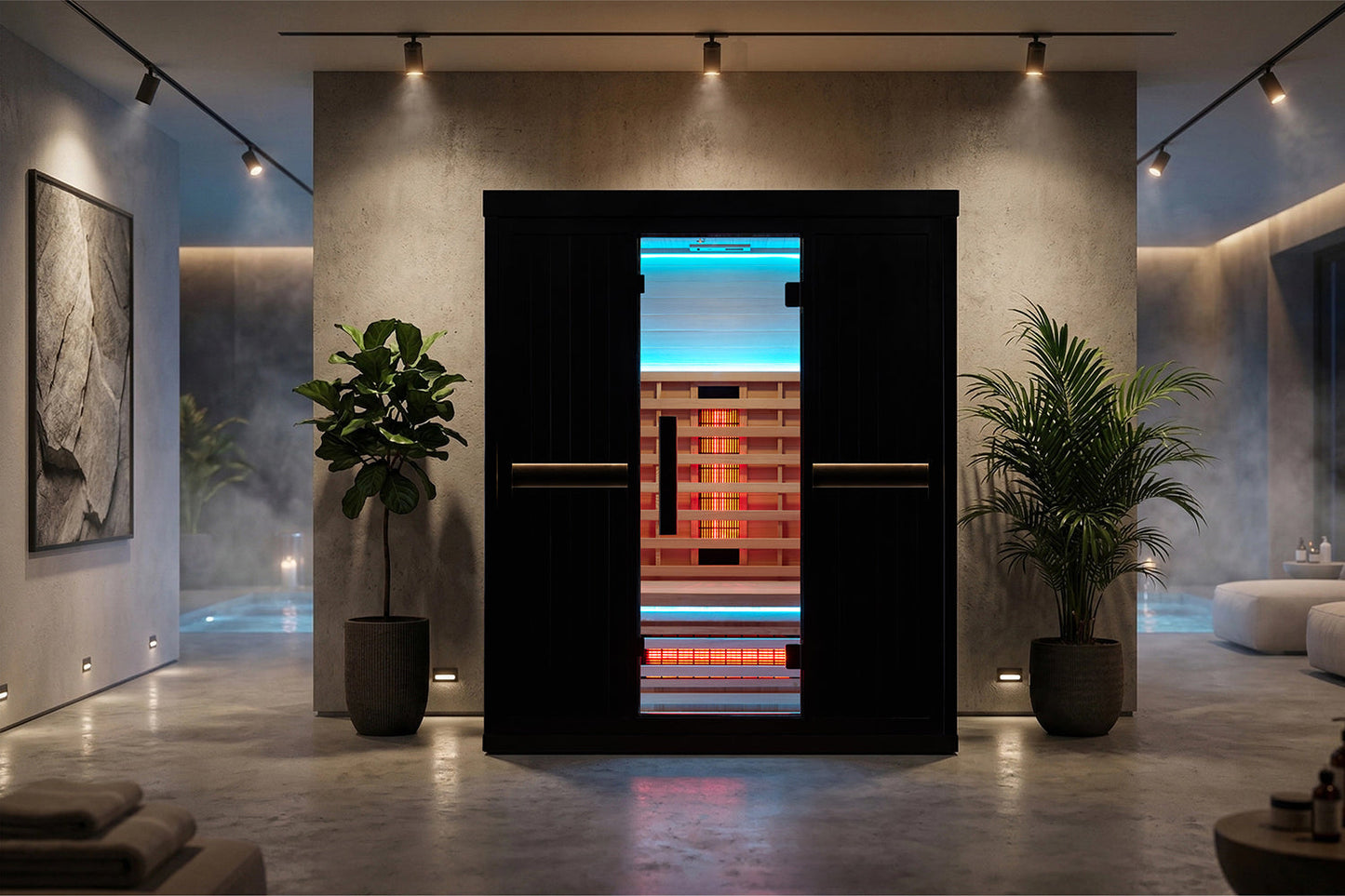 Four-person infrared sauna set against a plain wall in a home room setting