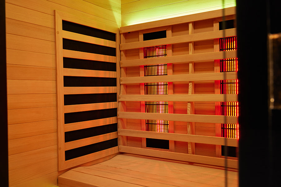 Interior ceiling and upper wall of the infrared sauna with the light strip