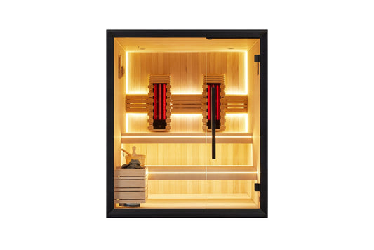 Four-person hybrid sauna cabin with a black frame and glass door, showing the infrared emitters and pale timber lining
