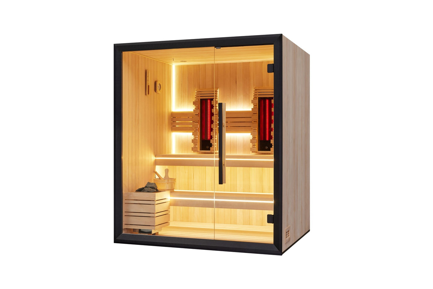 Interior of the hybrid sauna showing the bench, wall vent and wooden wall disc