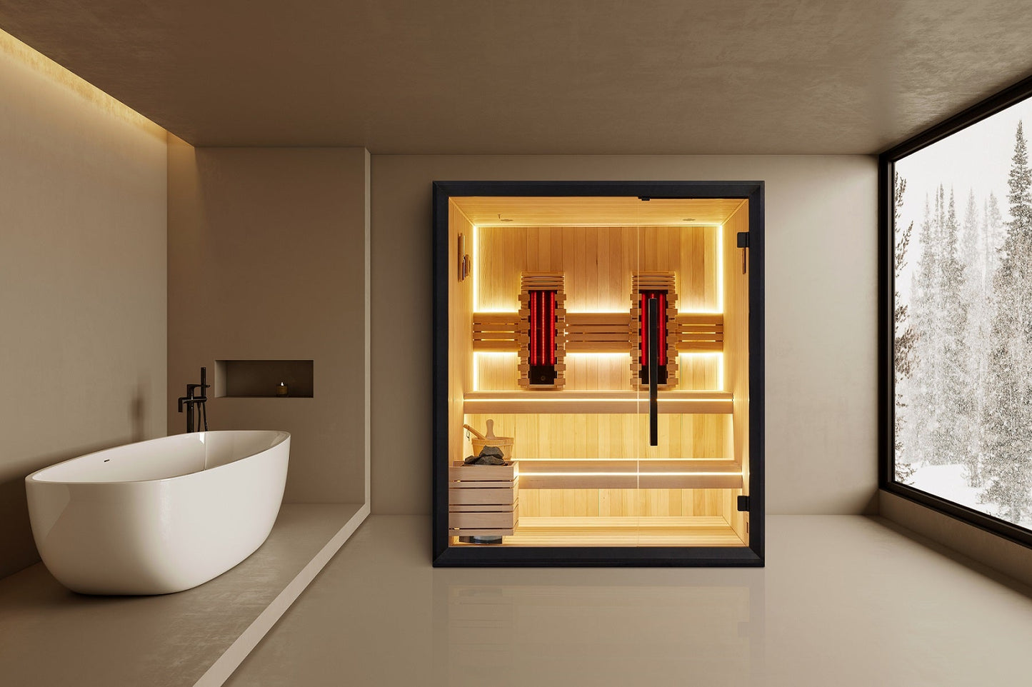 Hybrid infrared and traditional sauna viewed at an angle on a polished floor