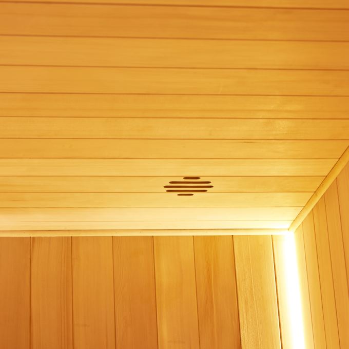 Interior detail of the hybrid sauna bench and timber lining