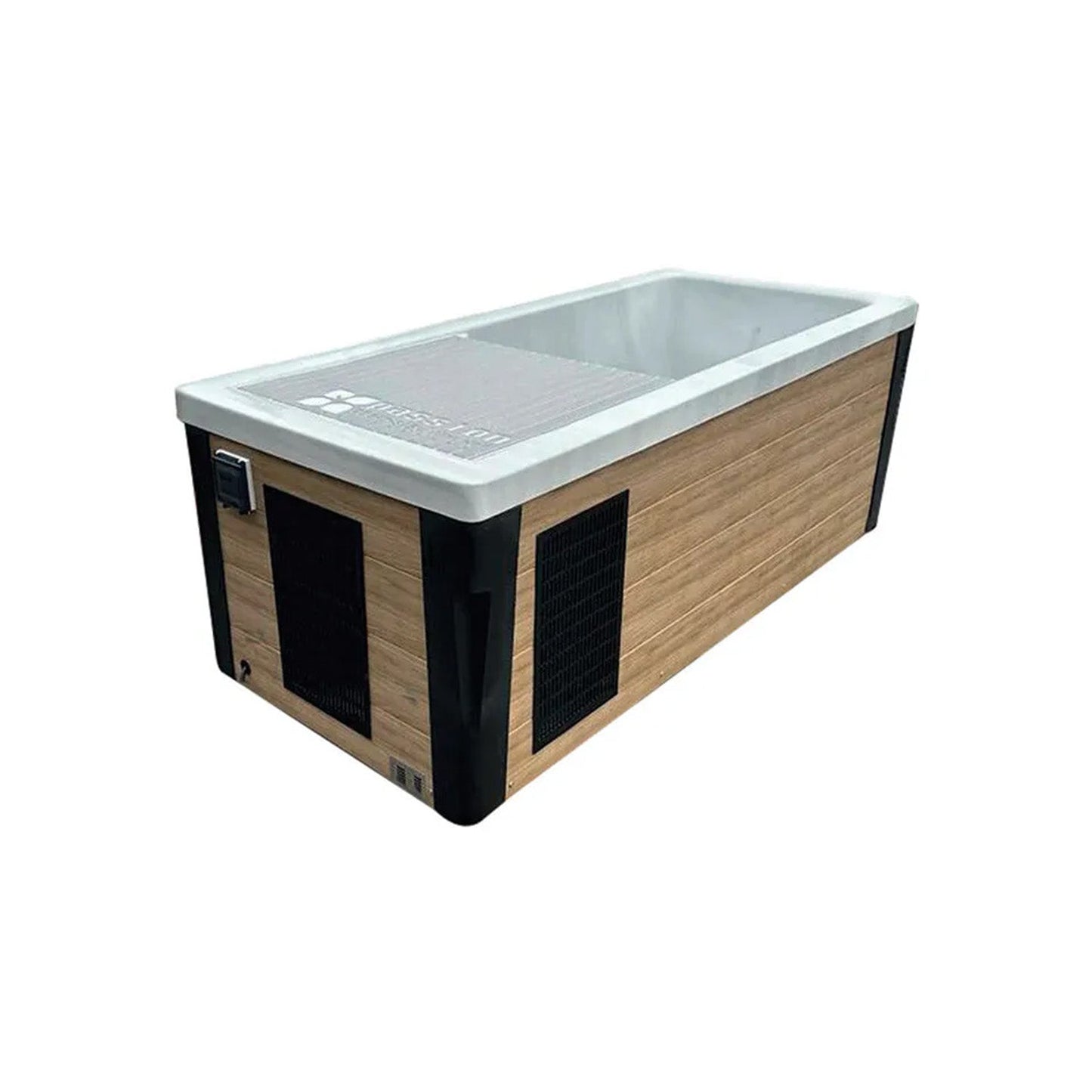 Full-length single-person ice bath with a wood-effect cabinet and an insulated cover in place