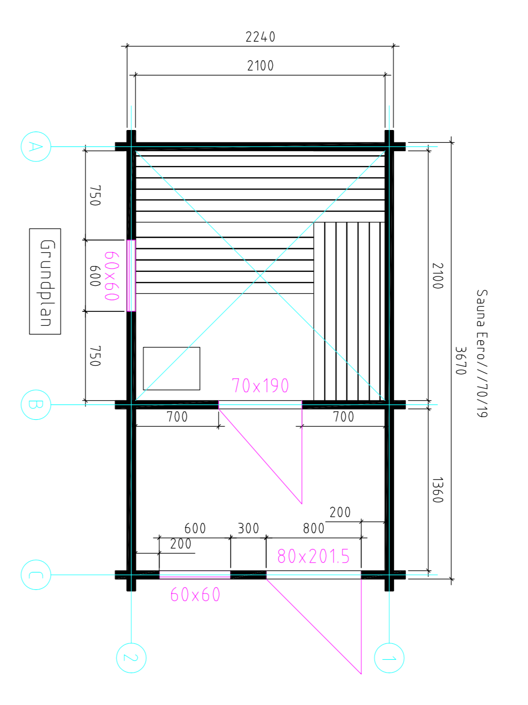 Eero 367 sauna cabin drawing showing the changing room and sauna layout