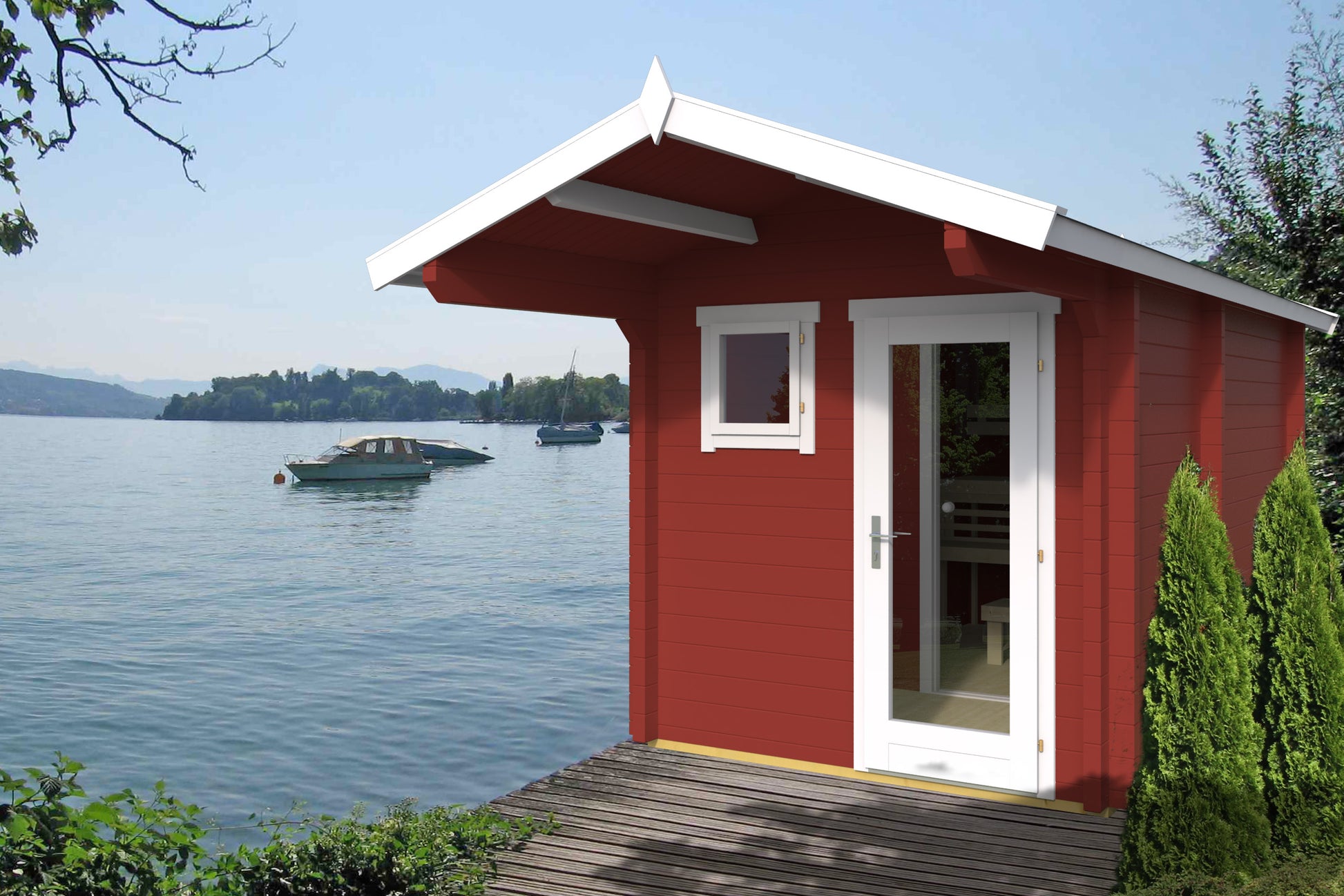 Eero 367 sauna cabin in a painted finish beside a lake