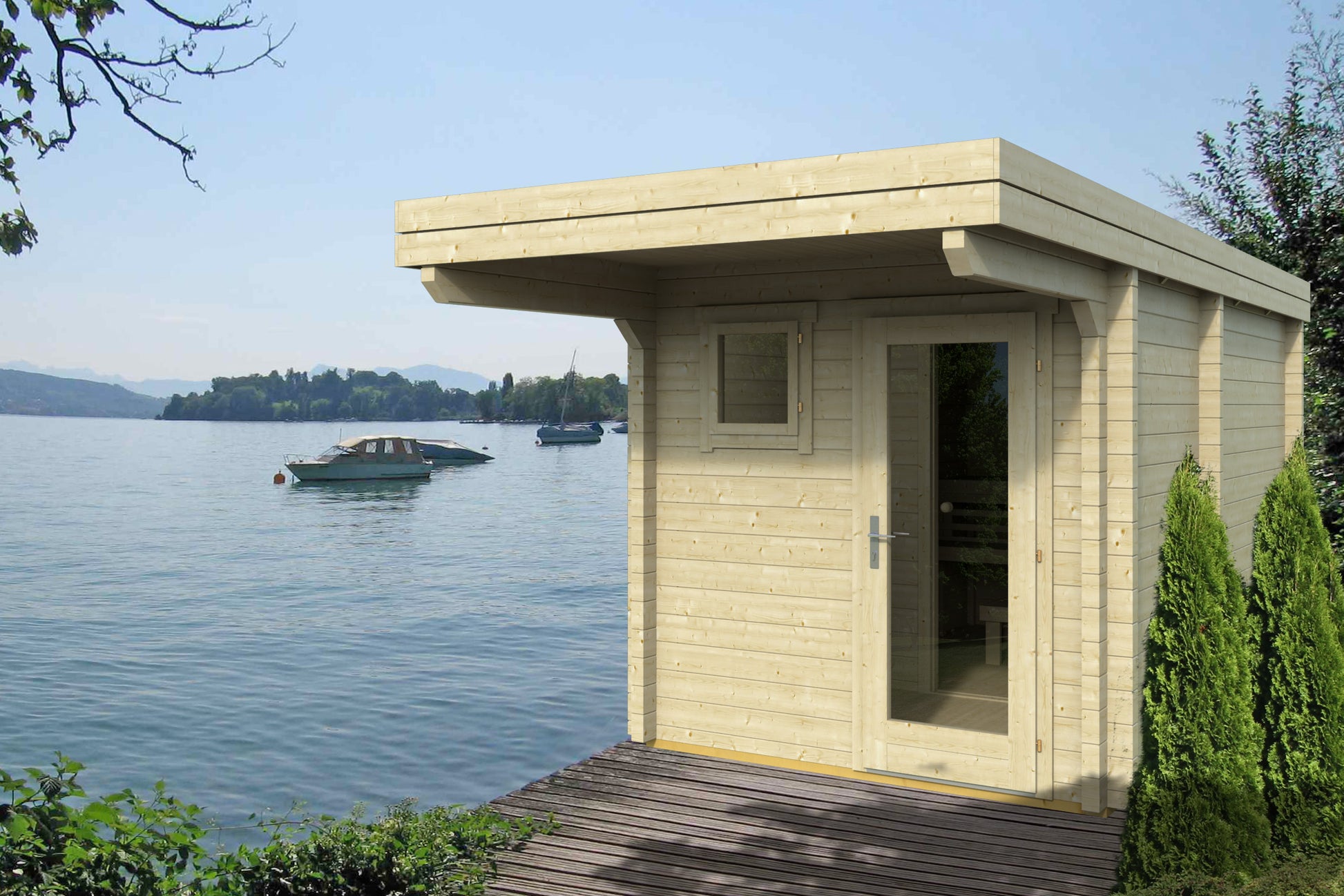 Eero 367 flat-roof sauna cabin in natural timber