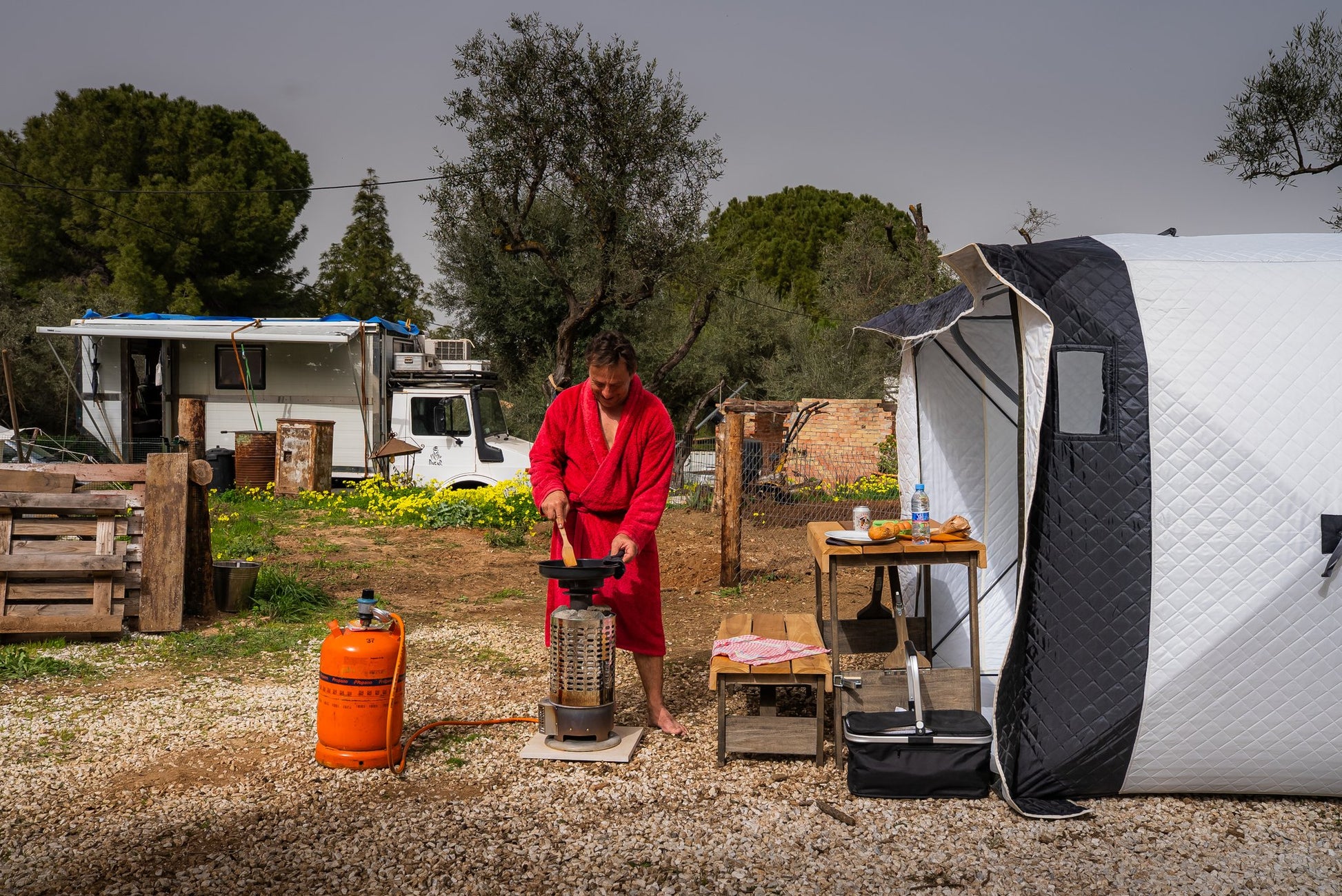 People enjoying a FinSteam portable gas sauna outdoors