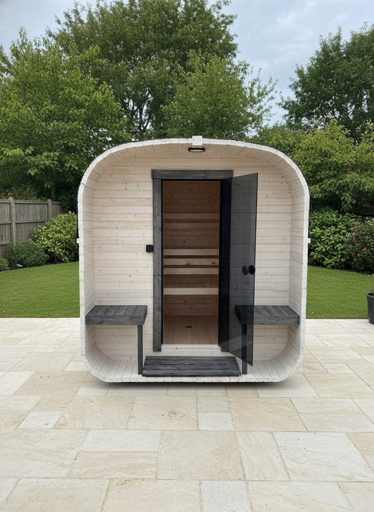 Gas Cube Sauna 2.4m Double-Shelf — Steam & Oak (Electric or Wood-Fired)
