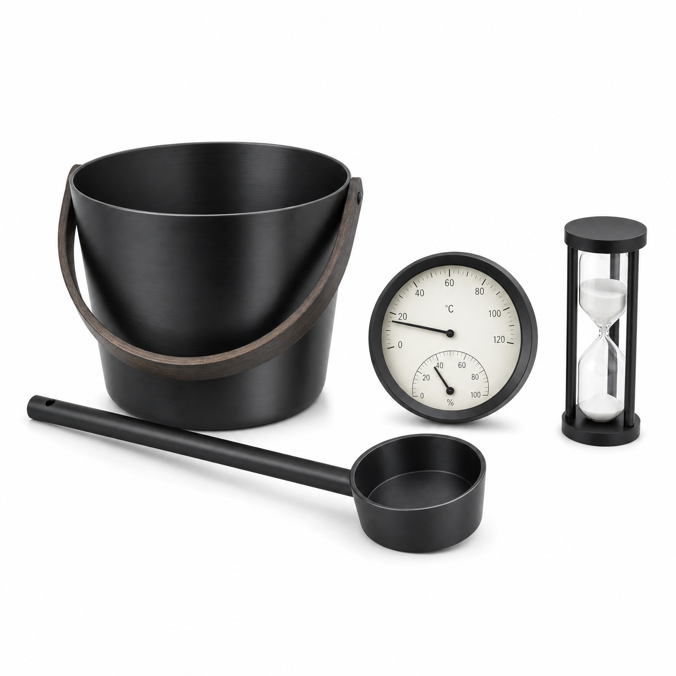 Black sauna accessory set with water bucket, ladle, thermometer and hygrometer dial, and hourglass sand timer