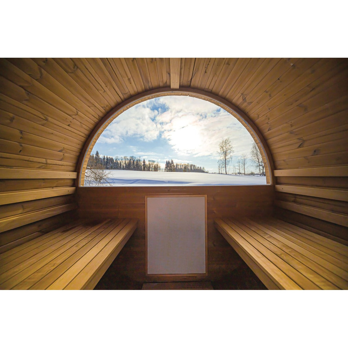 Interior panorama view looking out from the Hekla Barrel Sauna 210.