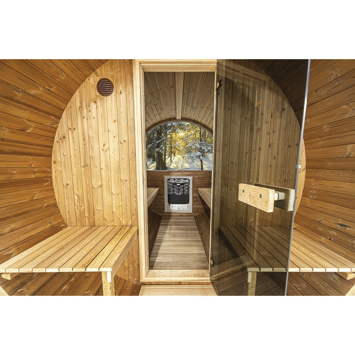 Interior view of the Hekla Barrel Sauna 210 with heater visible.