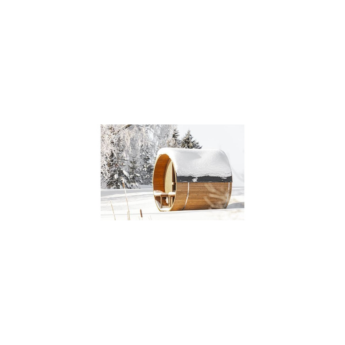 Hekla Barrel Sauna 250 outdoor barrel sauna in snowy setting (lifestyle image).