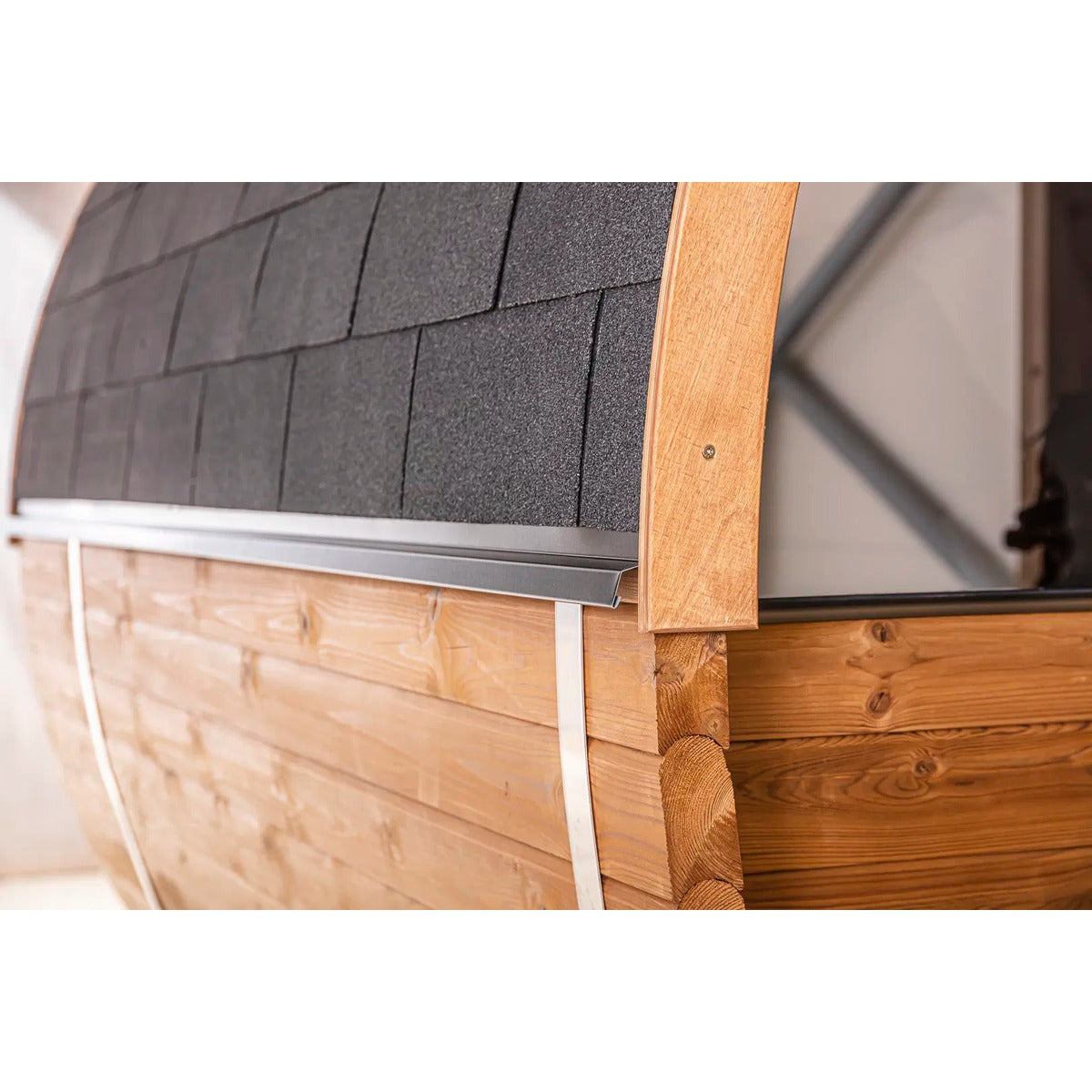Close-up of roof shingles detail on the Hekla Barrel Sauna 250.