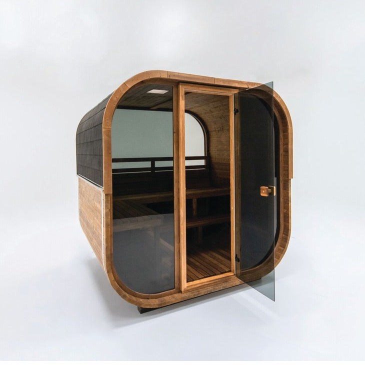 Hekla Cube Sauna 160 outdoor cube sauna, cutout three quarter open door.
