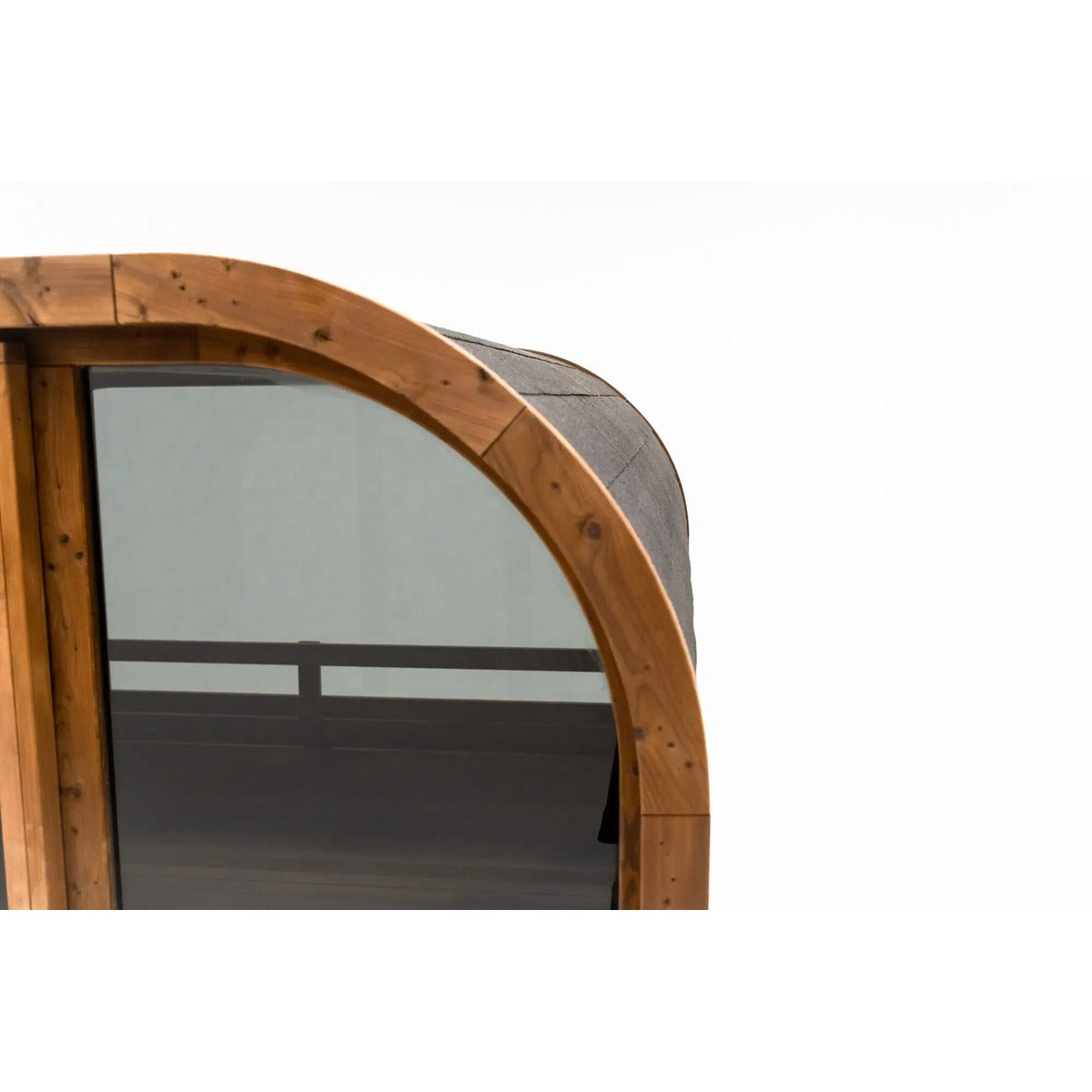 Hekla Cube Sauna 160 outdoor cube sauna, glass front frame closeup.