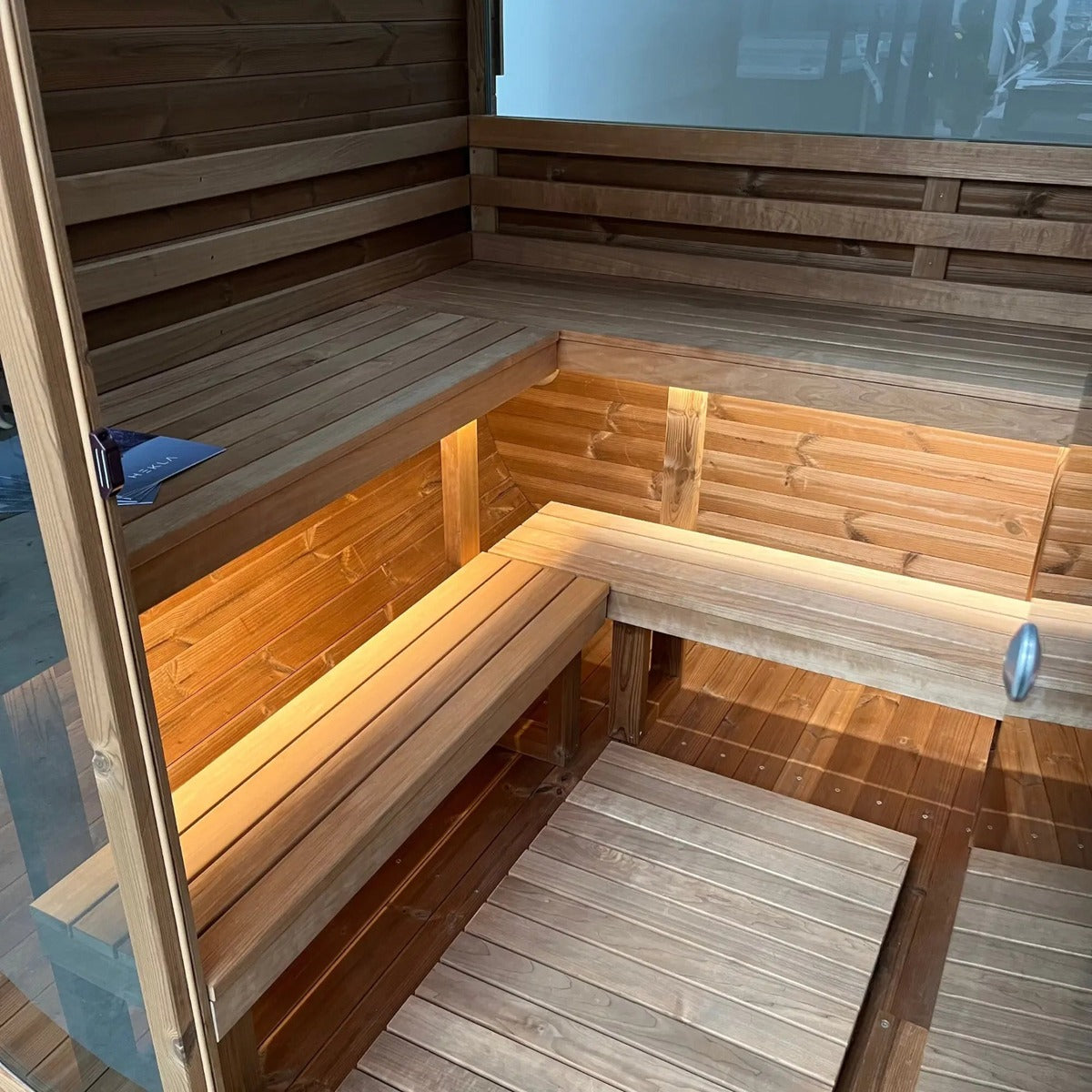 Hekla Cube Sauna 160 outdoor cube sauna, interior bench and led lighting.