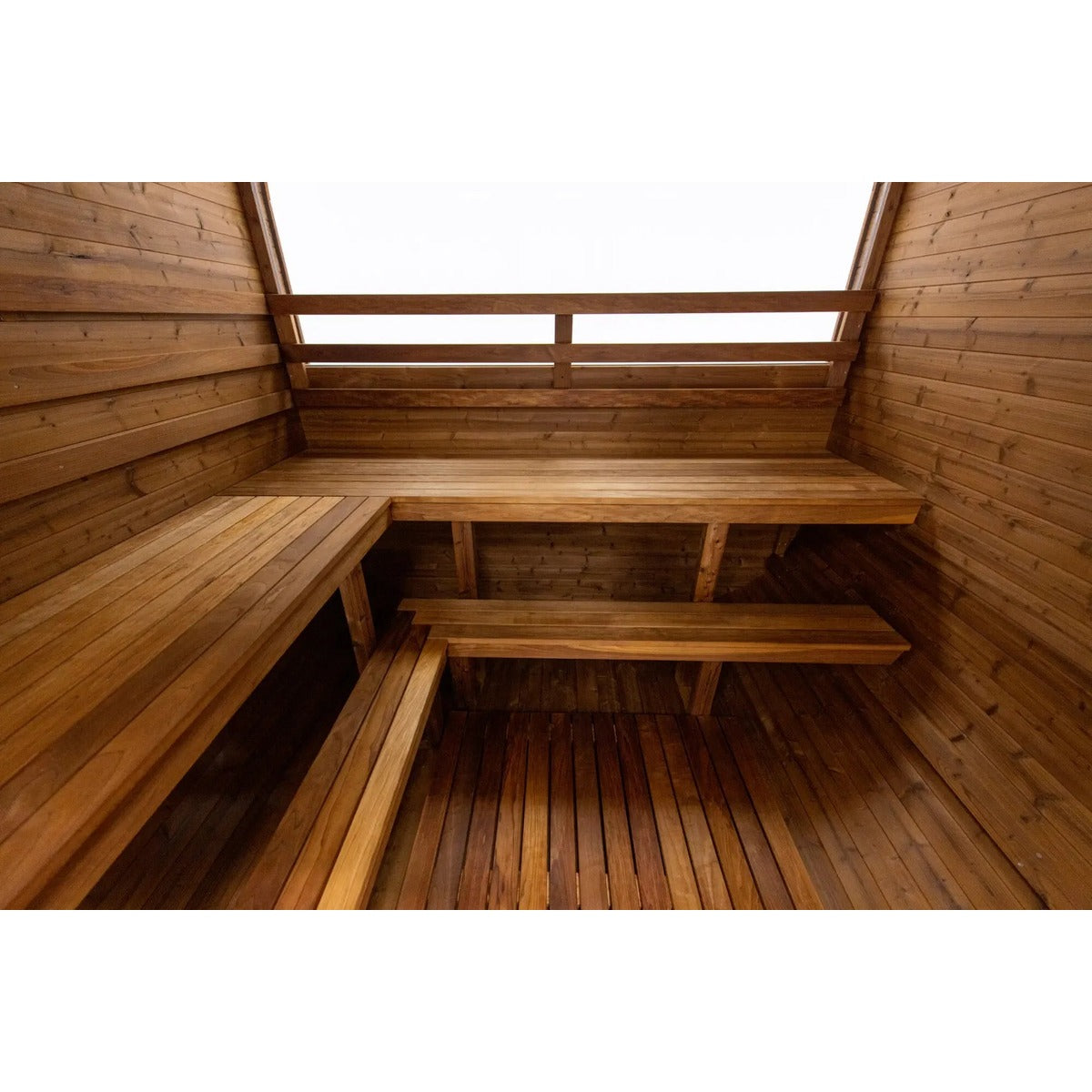 Hekla Cube Sauna 160 outdoor cube sauna, interior bench layout wide.