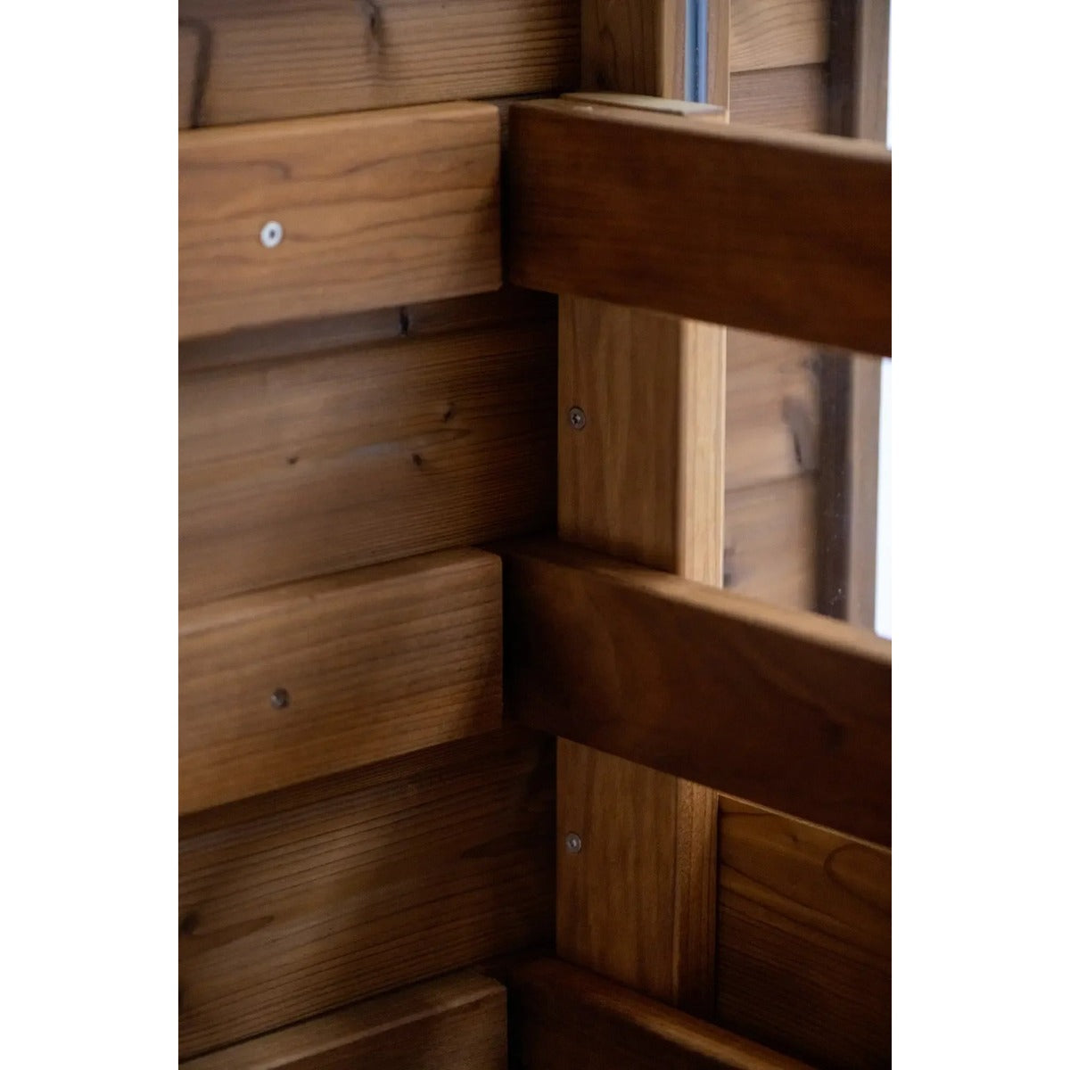 Hekla Cube Sauna 160 outdoor cube sauna, interior bench support detail.